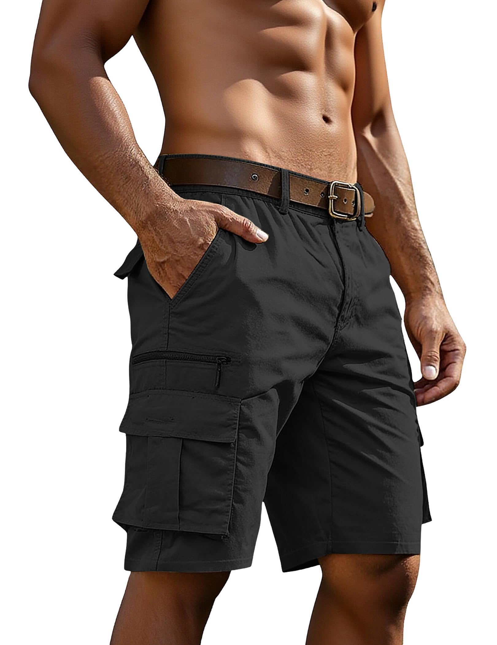 Pantalon Short Cargo Homme Coton Été Bermuda Multi-Poches Bouton Travail Shorts Taille Élastique Fermeture Éclair Pantalon Court Décontracté Coupe Ample Respirant Léger Chantier Plein Air Quotidien