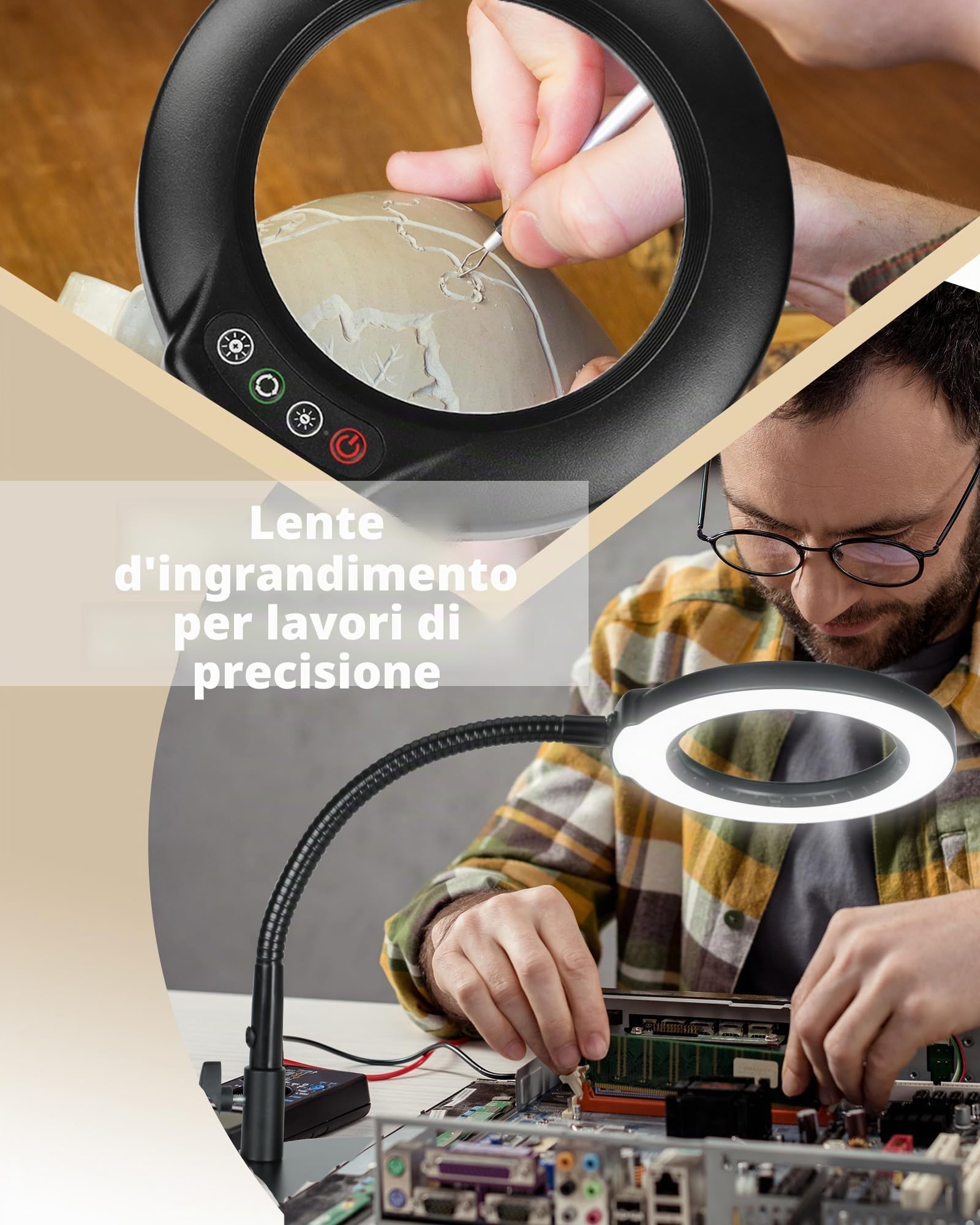 Veemagni 12X Lente di Ingrandimento con Luce e Supporto, Lampada da Tavolo LED Dimmerabile in 5 Modalità di Colore, Lampada Lente Ingrandimento Flessibile a Collo D'oca per Pittura, Cucito, Hobby