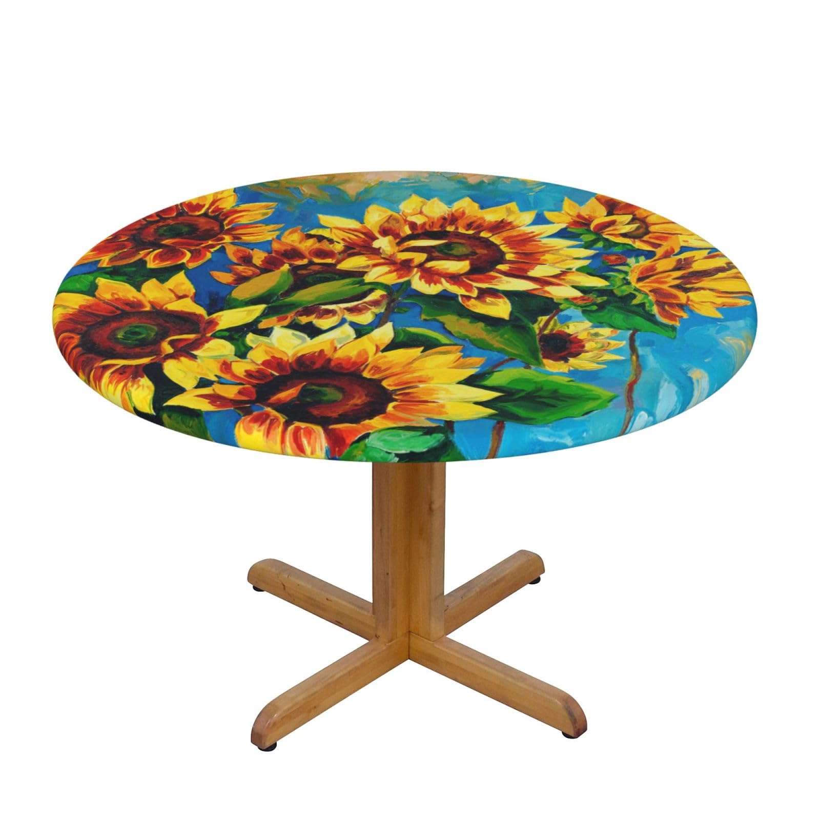 ESNAIUVCD Sunflowers print Waterproof Round Tablecloth,Outdoor Table Cloth with Elastic Edged, Elastic Tablecloth Wipeable, Garden Table Cloth Suitable for sizes 90cm-140cm