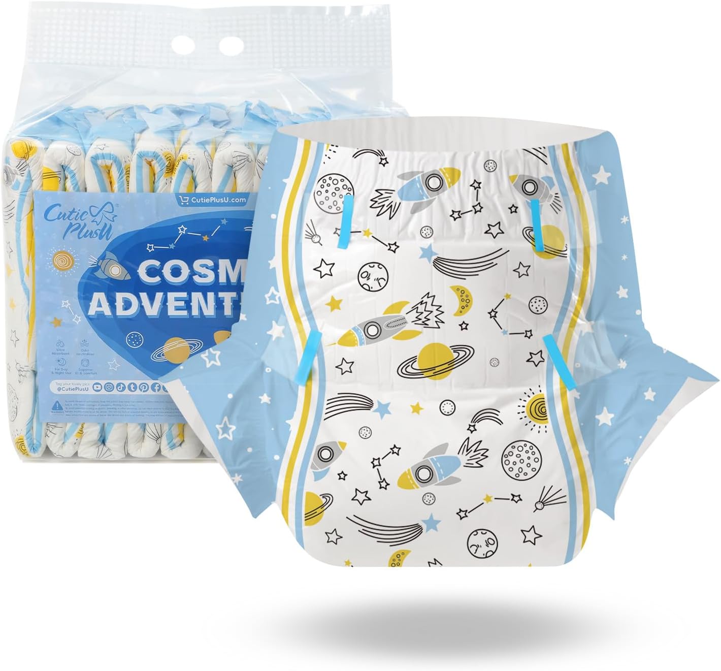 CutiePlusU Adult Diapers 10 Pieces, Disposable Incontinence Briefs with Tabs for Women and Men, Maximum Overnight Absorbency- Cosmic Adventurer (Medium 28"-38")