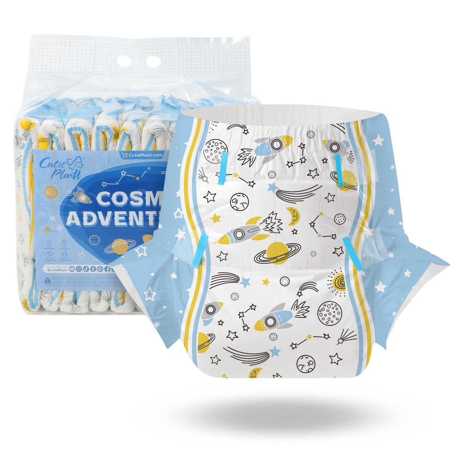 CutiePlusU Adult Diapers 10 Pieces, Disposable Incontinence Briefs with Tabs for Women and Men, Maximum Overnight Absorbency- Cosmic Adventurer (Large 37"-47")
