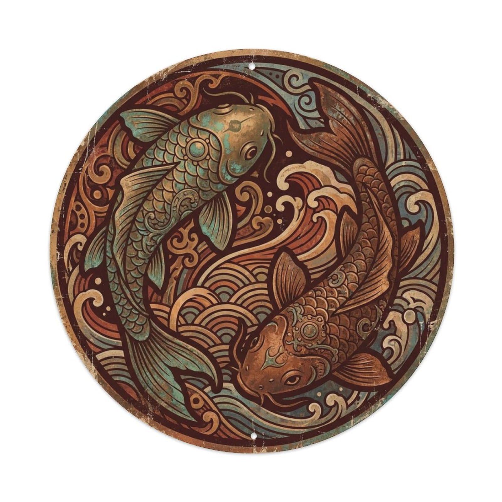 Japanese Koi Symbol Copper Taoist Classic Metal Tin Sign Plaque Wall Decor for Cafe, Man Cave, Club Bar, Office, Home Garden Round Metal Poster 8x8Inch