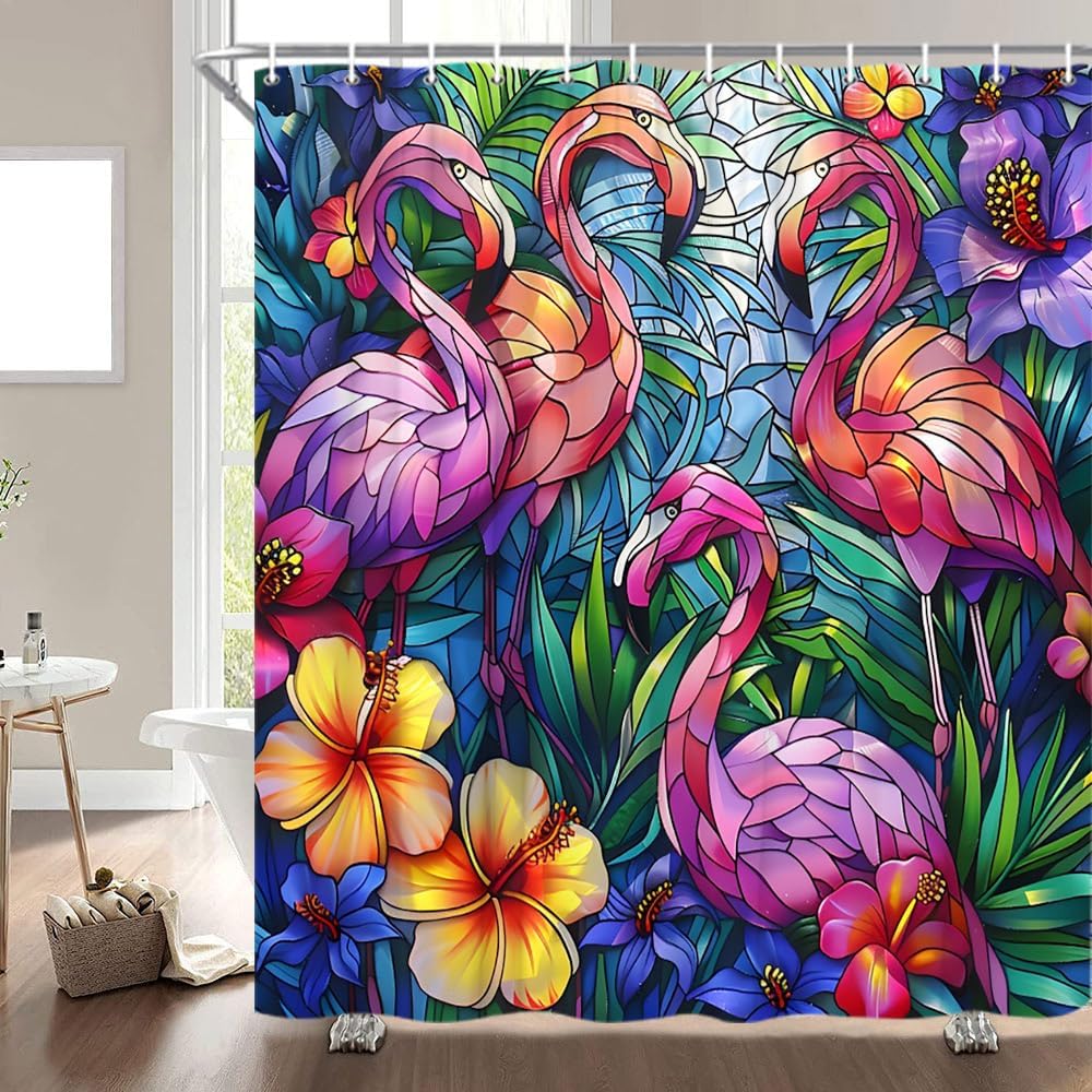 Pink Flamingo Shower Curtain Tropical Palm Leaves Flower Stained Glass Style Colorful Exotic Jungle Landscape Bathroom Decor Curtain Polyester with Hooks