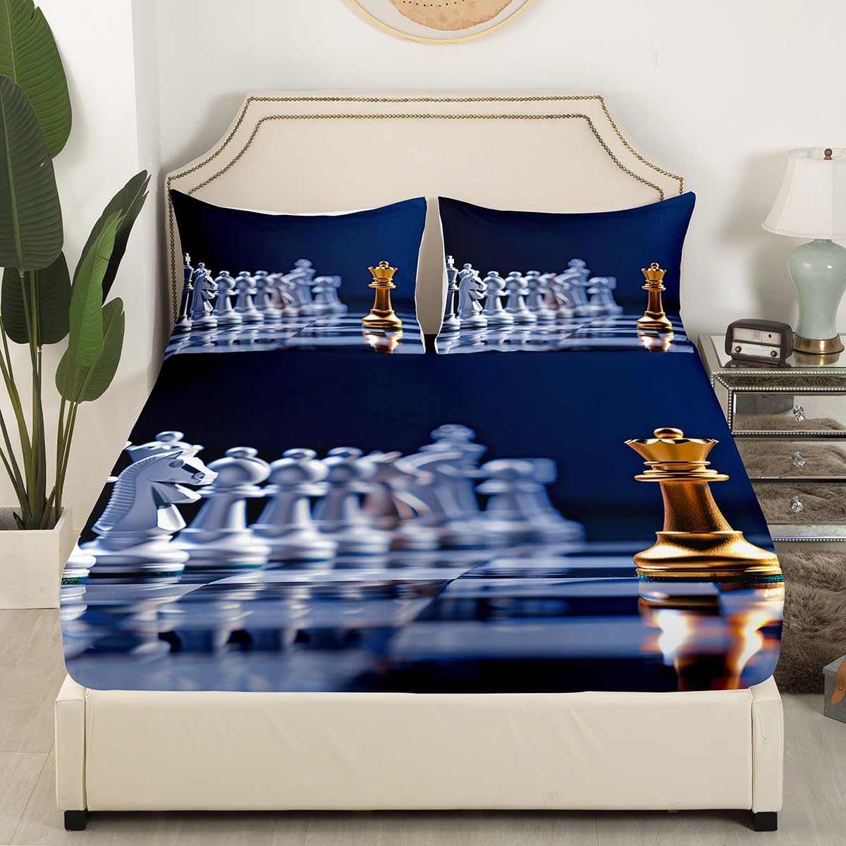 International Chess Bedding Set Chess Theme Fitted Sheet for Kids Adult Bed Sheet Set Game Competition Style Bed Cover Room Decor Black White Checkerboard 3Pcs with 2 Pillow Case Queen Size