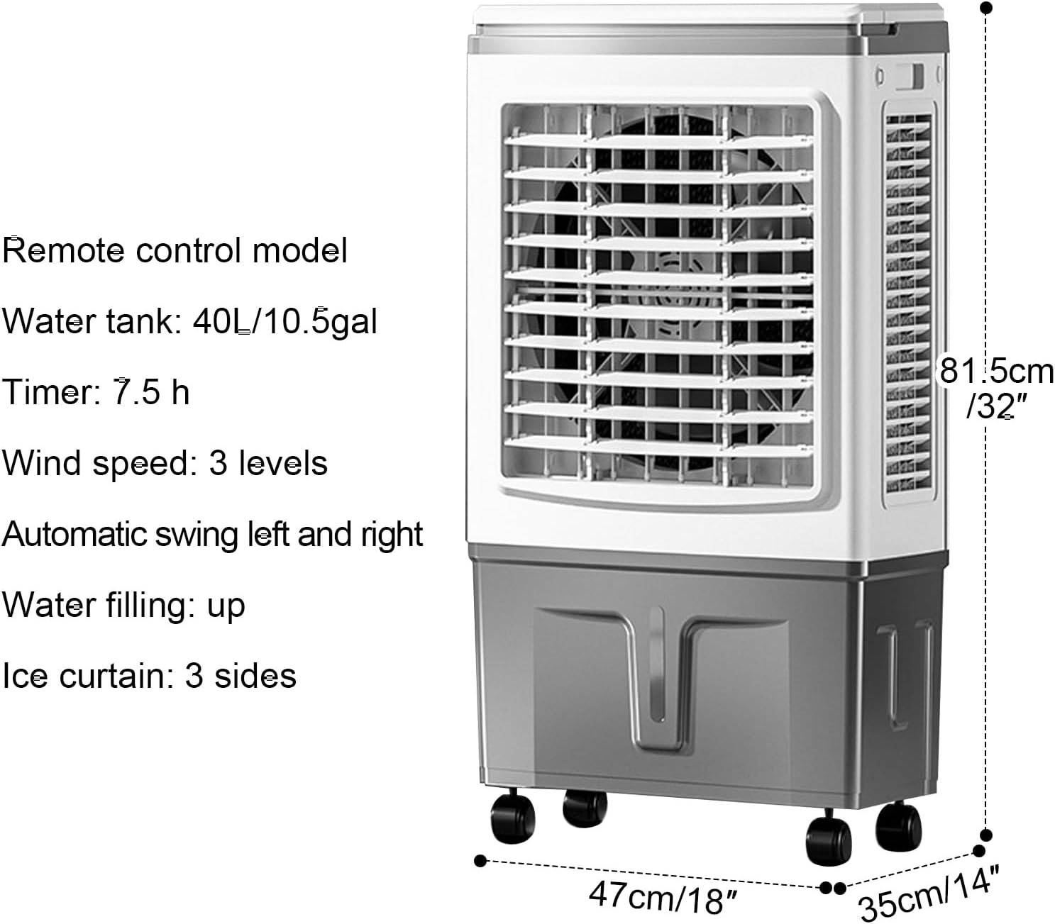 Portable Swamp Cooler - 40L Evaporative Air Conditioner with Remote Control, 7.5H Timer, 3 Speed Settings, Ideal for Rooms, Patios & Garages - Energy Efficient Cooling Fan