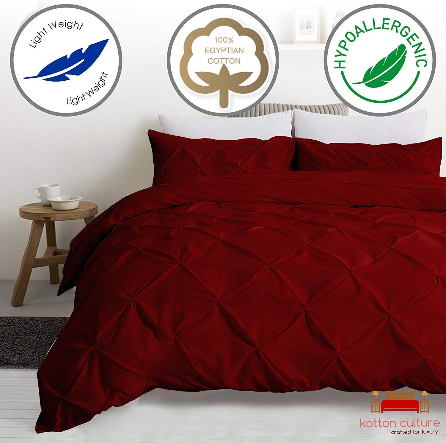 Kotton Culture 1000 Thread Count Pinch Pleated Textured Duvet Cover Only 100% Egyptian Cotton with Zipper Closure & Corner Ties Pintuck Thick Comforter Cover (Oversized King, Christmas Burgundy) : Home & Kitchen