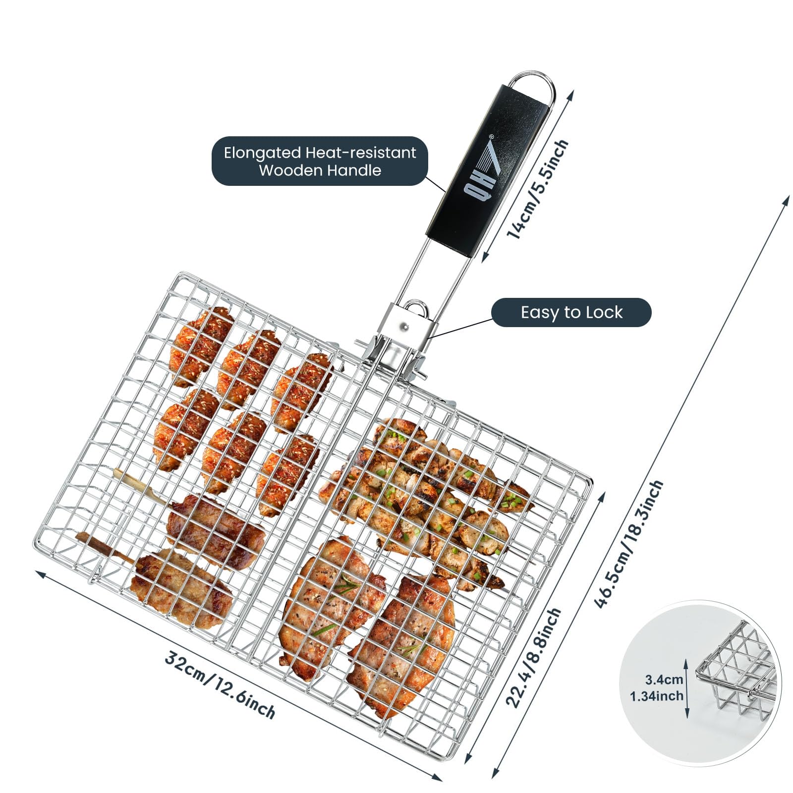 Cestino da cucina in acciaio inox per barbecue, pieghevole, portatile, con manico rimovibile, rete antiaderente per pesce, verdure, gamberetti