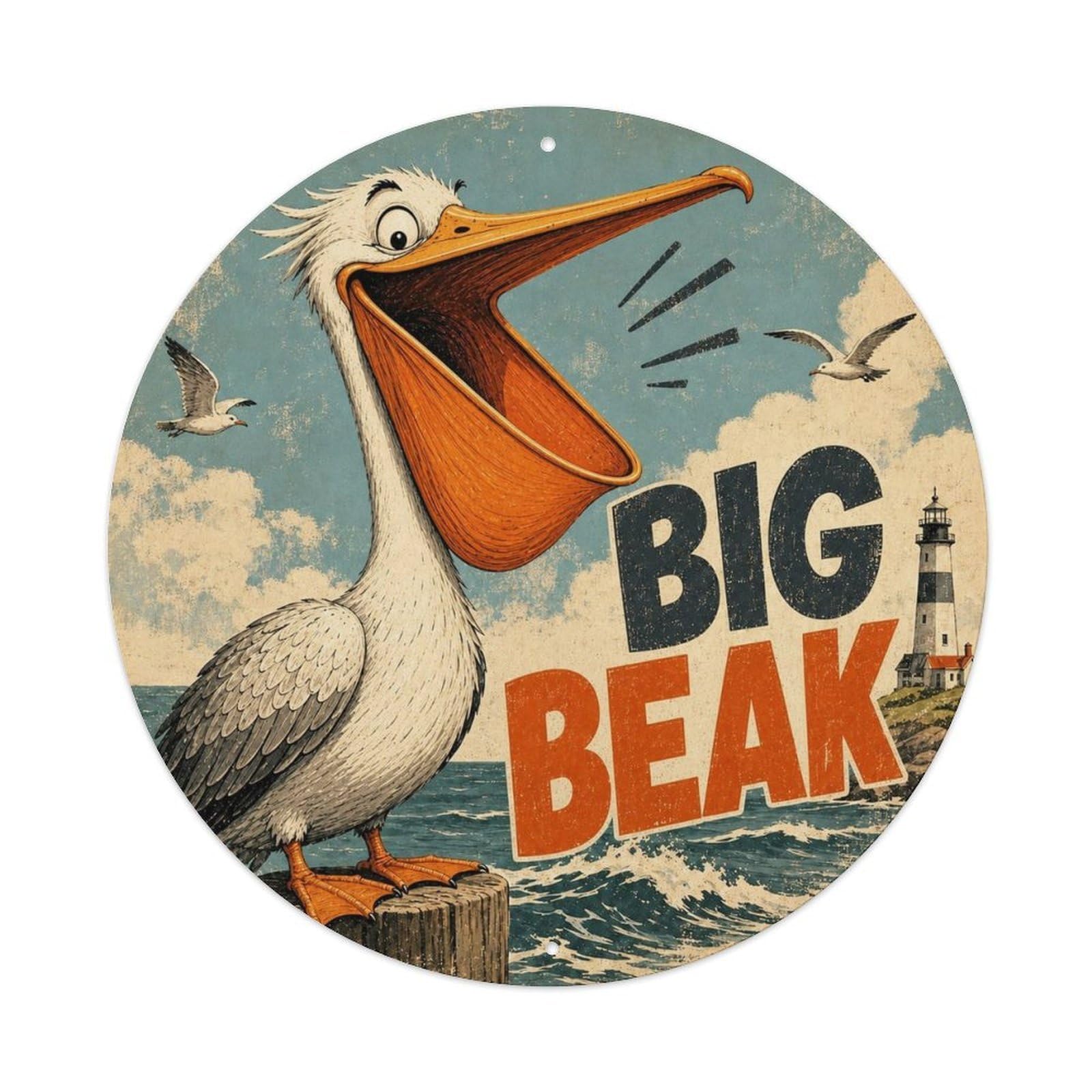Okngb Style Pelican Big Beak Comic Bird Classic Cartoon Meme Humor Metal Tin Sign Plaque Wall Decor For Cafe, Man Cave, Club Bar, Office, Home Garden Round Metal Poster 8X8inch