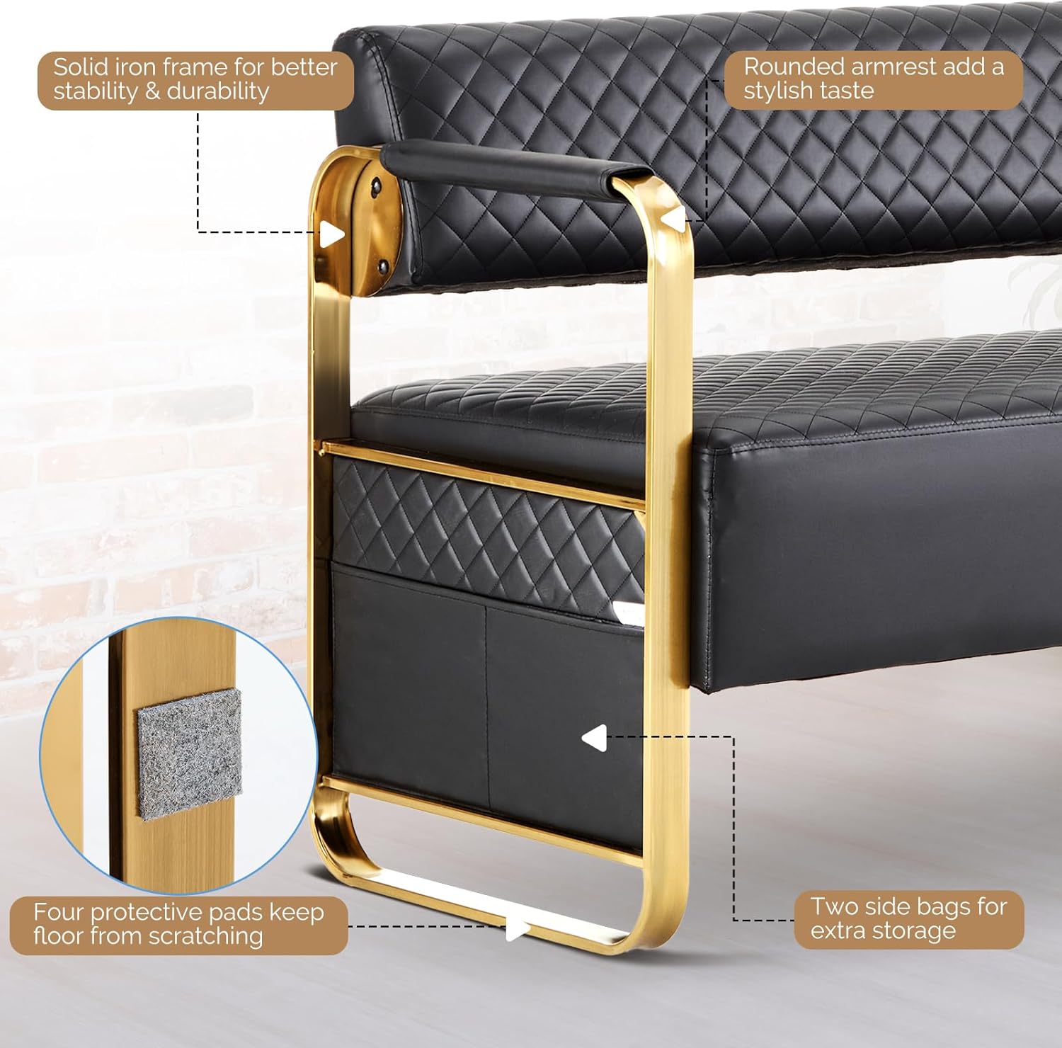OmySalon Waiting Room Chairs with Arms, 57.5’’ Office Guest Chair upholstered Bench Seating, Reception Furniture for Beauty Salon Barbershop Airport Bank Hall Room Conference, Black&Gold