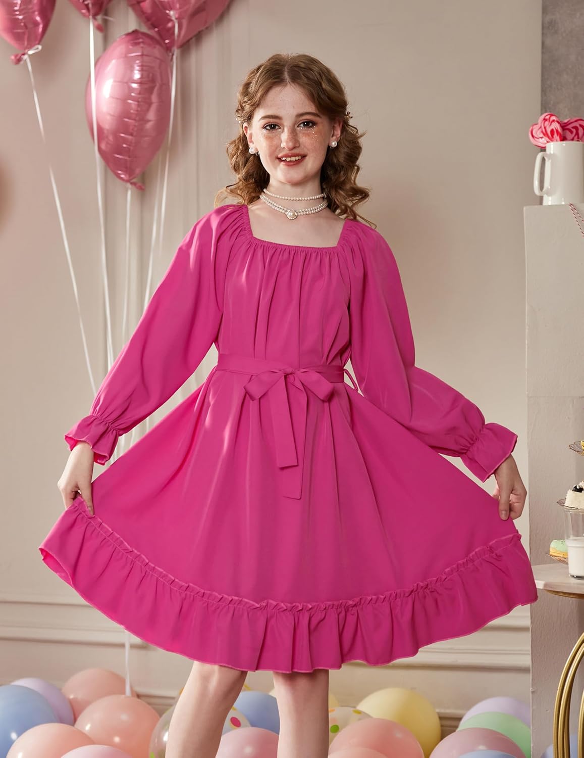 Arshiner Girls Long Sleeve Dresses Fall Party Formal Holiday Swing Flowy Ruffle Midi Dress - Image 4