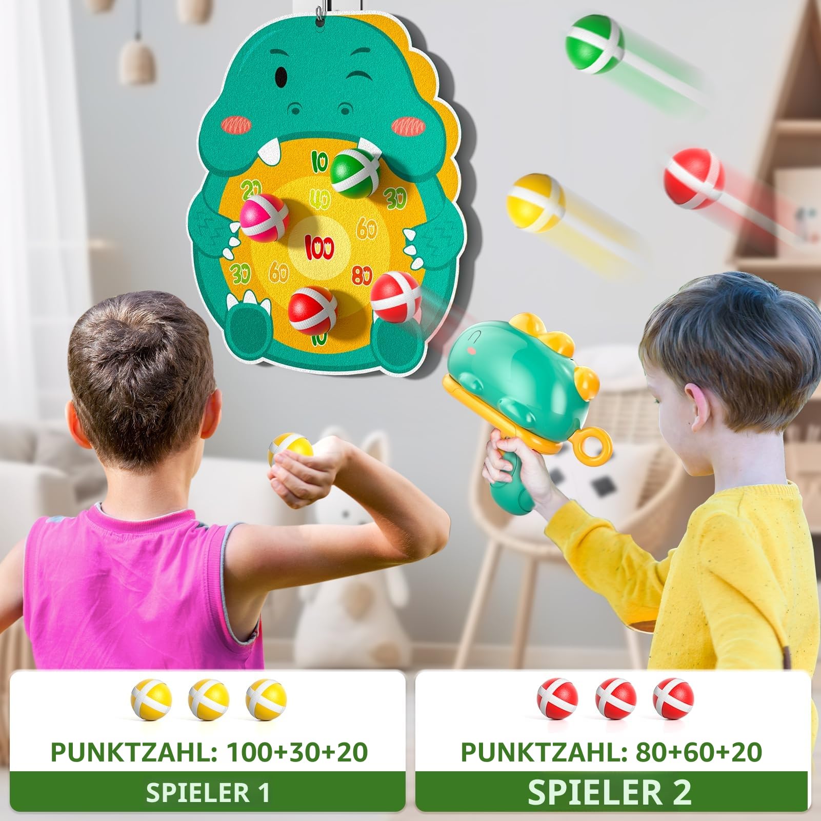 KukuFun Kinder Dinosaurier Schießspiel Spielzeug für 3-6 Jahre alte Jungen, 12 klebrige Bälle, 1 Dinosaurierwerfer, 1 Brett, Indoor & Outdoor Spielzeug für Jungen