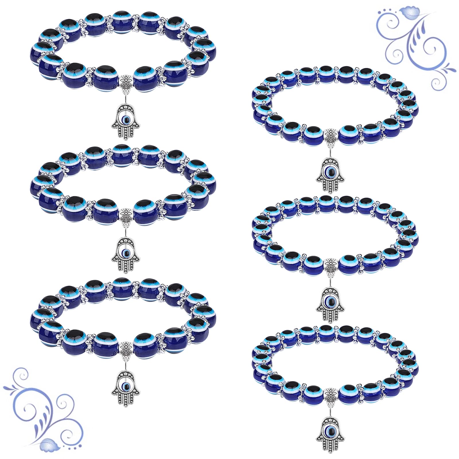 Lusofie6-Piece Evil Eye & Blue Beaded Hamsa Charm Stretch Bracelet - Third Eye Jewelry Protection & Blessing - 8MM & 10MM