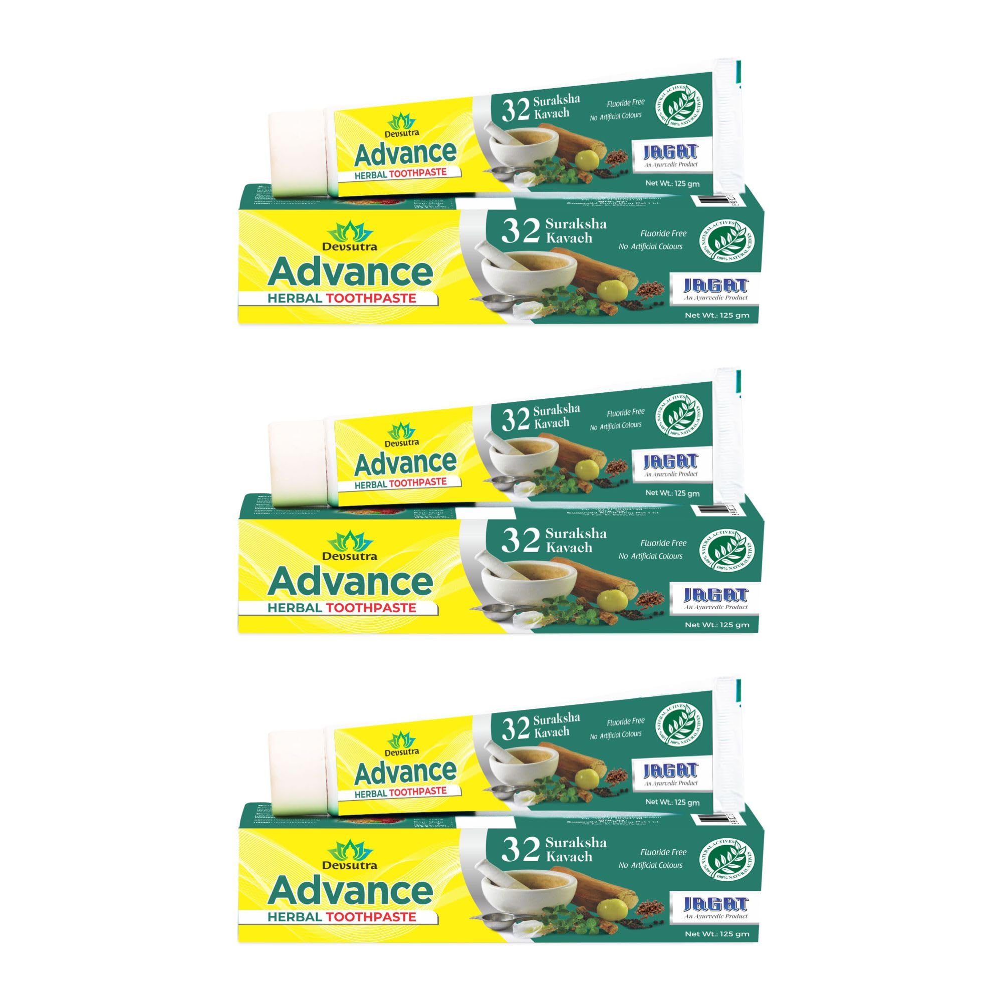 Jagat Devsutra Dr. Trusted Ayurvedic Herbal Advanced Toothpaste for Teeth Whitening - 100% Natural Formula with 32 Ayurvedic Herbs, No Fluoride & Artificial Colours - Pack of 3 (125g x 3)