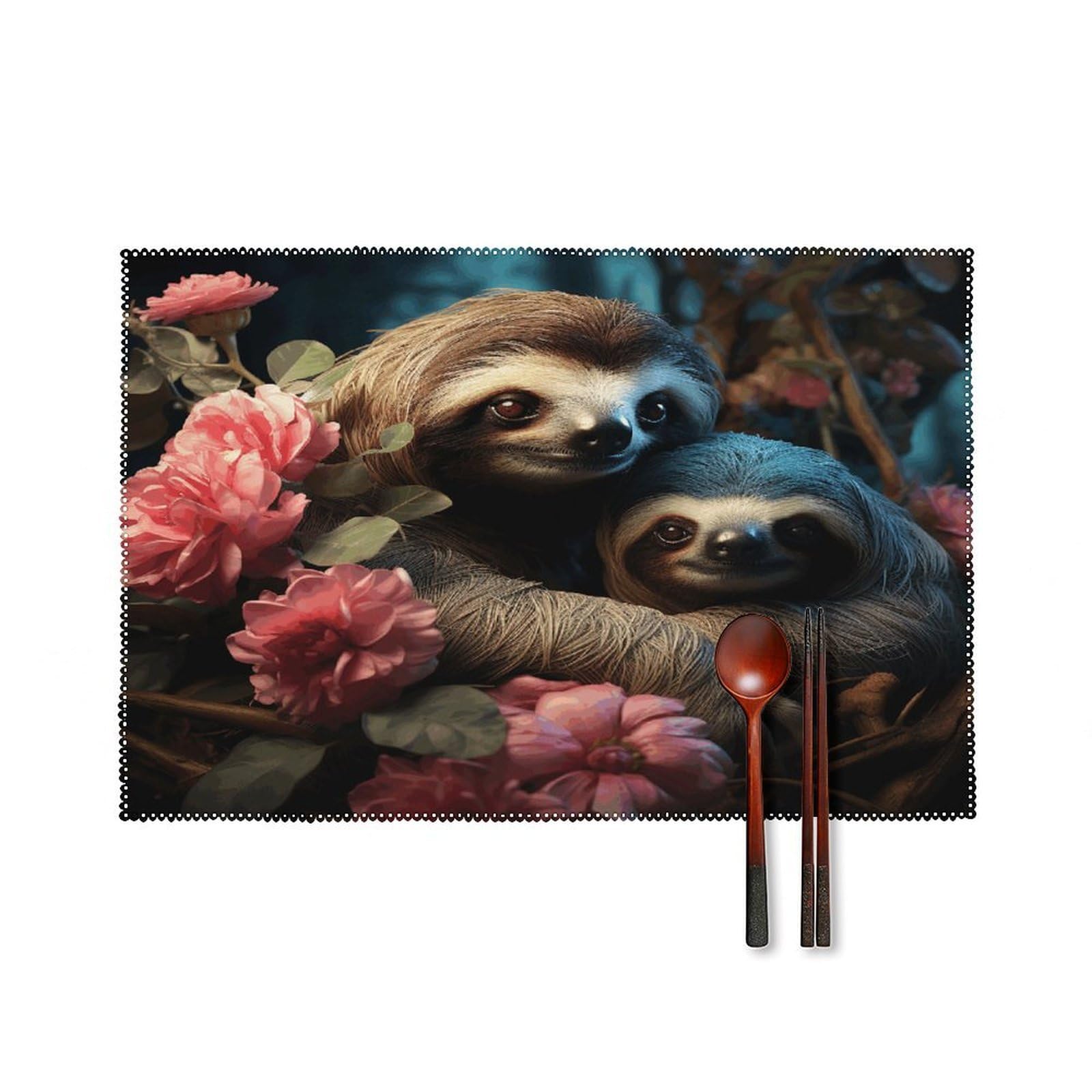 A Sloth and A Baby Sloth Placemats Set of 6 Non-Slip Heat Resistant Table Mats Canvas Washable Cloth Place Mats Easy to Clean Premium Placemat for Kitchen Dining Table Decoration