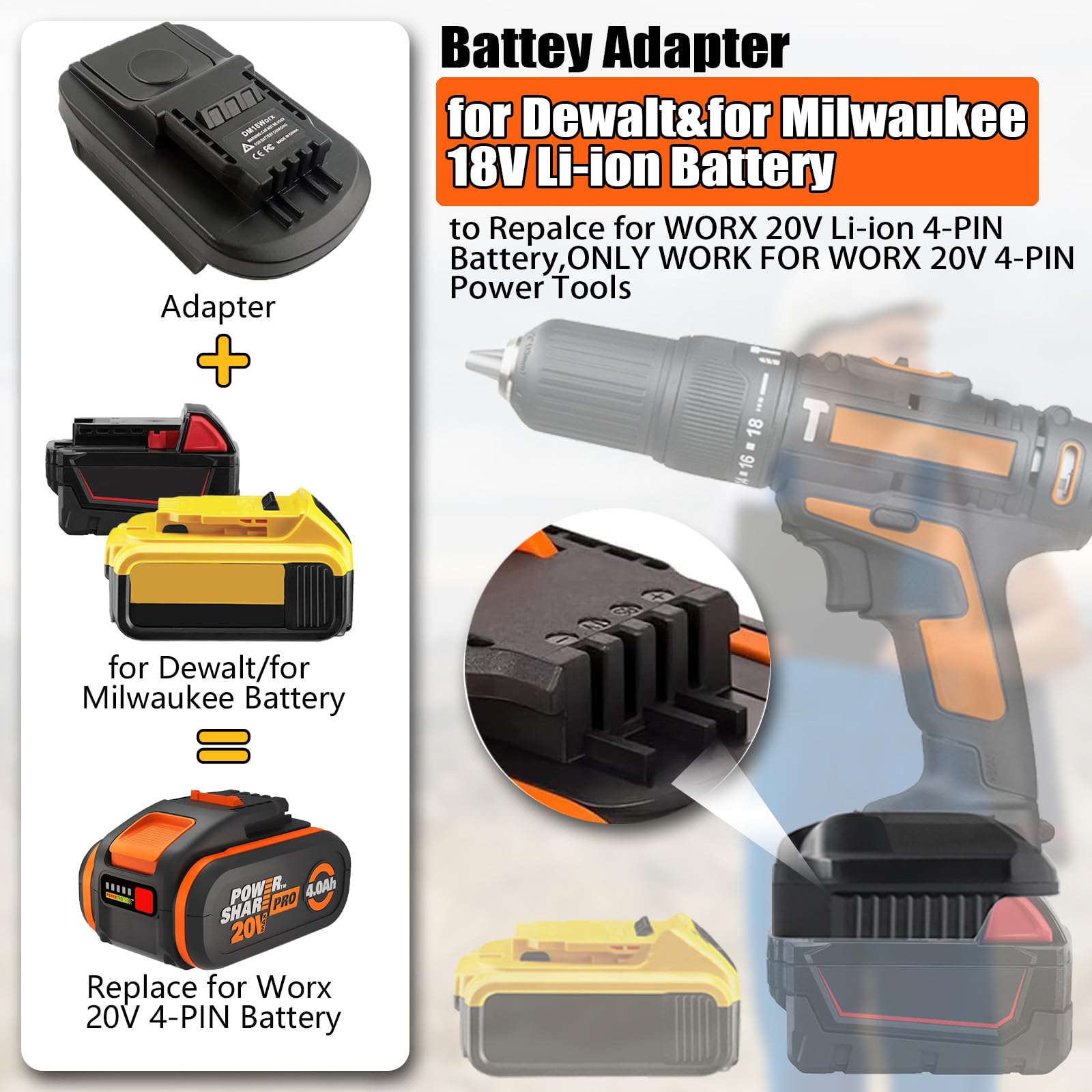 Adaptateur de batterie 20 V pour Dewalt & Milwaukee vers Worx, compatible avec les batteries Dewalt & Milwaukee pour les outils à batterie Worx 20 V