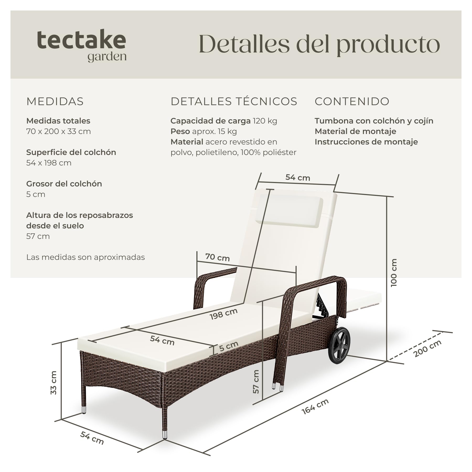 tectake®, Tumbona Chaise Longue, Ajustable de Poliratán con Ruedas, Mueble Exterior Sofa Acolchado para Jardín y Terraza, 6 Posiciones, Fácil de Limpiar, Moderno, Hamaca de Jardín - Marrón/Blanco