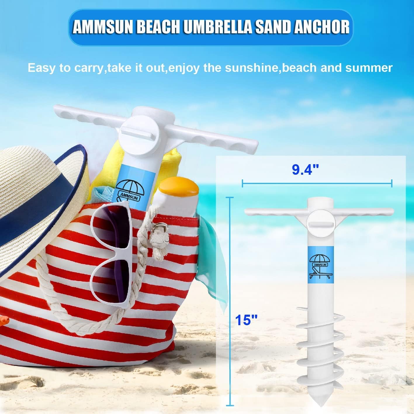 AMMSUN Parasol plażowy, kotwica piaskowa, wytrzymała podstawa parasoli zewnętrznych z 5 śrubami spiralnymi, uniwersalny, jeden rozmiar, pasuje do większości parasoli plażowych, bezpieczny uchwyt na