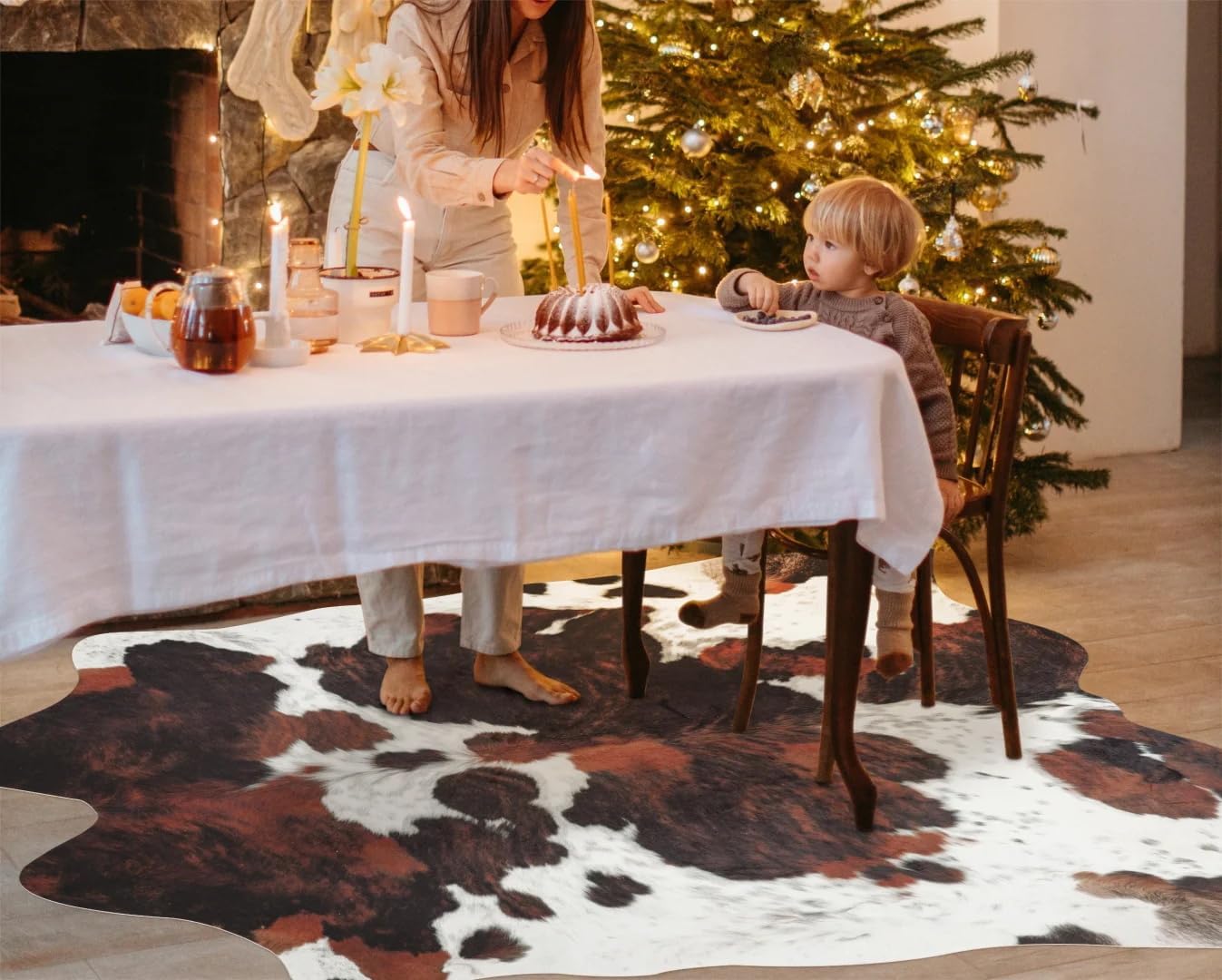 Cowhide Rug Faux Cowhide Rugs Cow Hide Animal Print Rug Brown Non-Slip Area Rug Western Decor for Living Room, Bedroom, Office(4.6x5.2ft)