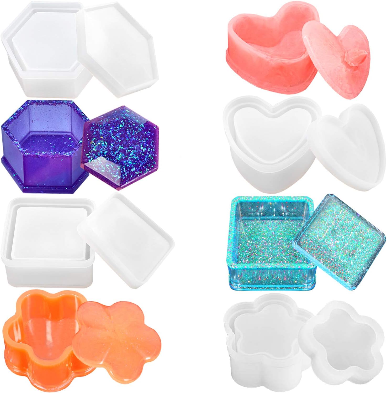 Box Resin Molds, Silicone Resin Molds 4 PCS Jewelry Box Molds with Square Epoxy Molds,Hexagon Storage Box Mold, Heart Shape Resin Mold and Flower Resin Molds for Resin Crafts DIY