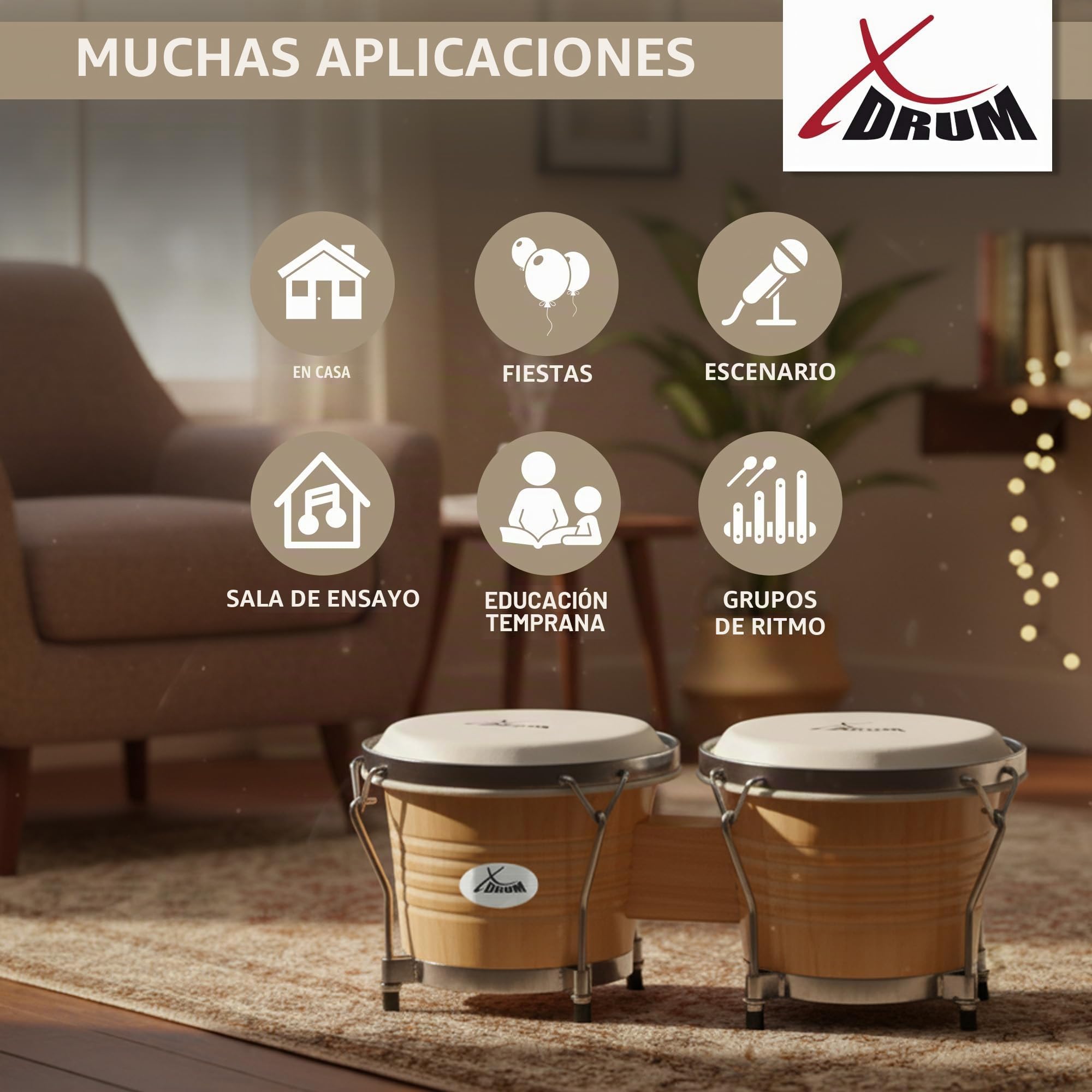 XDrum Bongos Pro Natur - 2 tambores con diámetros de 6,5" (17 cm) y 7,5" (20 cm) - Bongos con parches naturales afinables, llave de afinación y bolsa - Tambores de madera en color natural