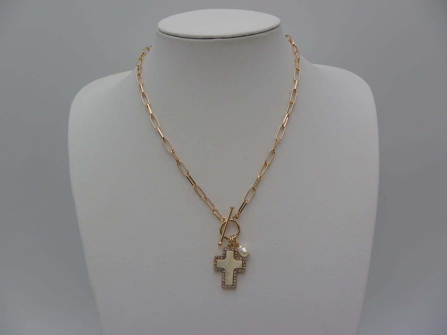 Rosemarie & Jubalee Natural Abalone Shell Cross Pendant with Crystal Edge Detail, Freshwater Pearl Charm, Gold Tone Paperclip Chain Necklace, Toggle Clasp, 18 Inch