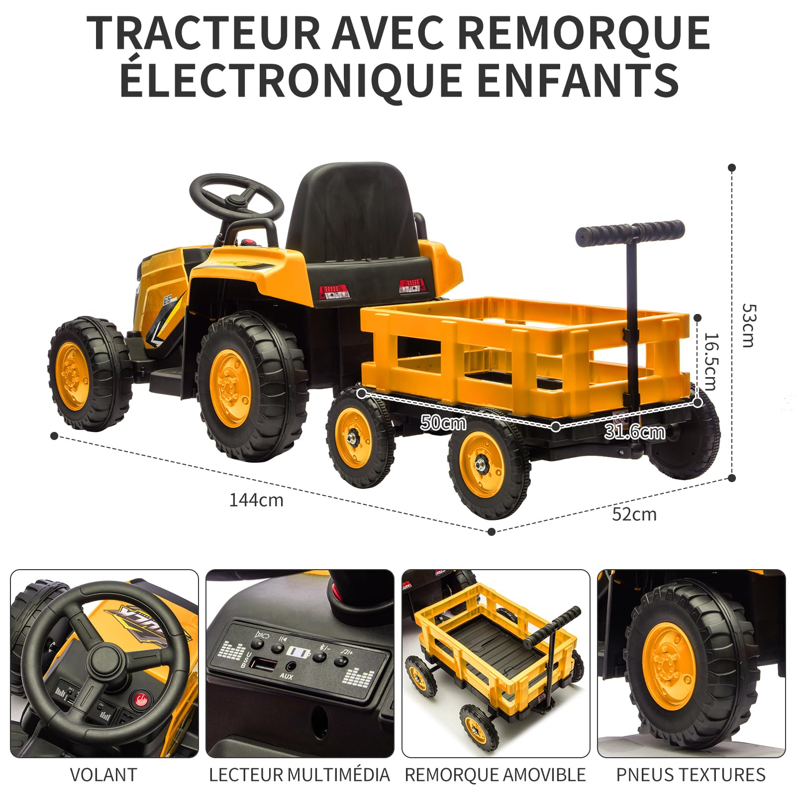 Garvee Trattore Elettrico per Bambini 12V, con Rimorchio Rimovibile, Giallo | 6 Ruote, Clacson, Musica Integrata, Radio, Connessione Wireless e Porta USB