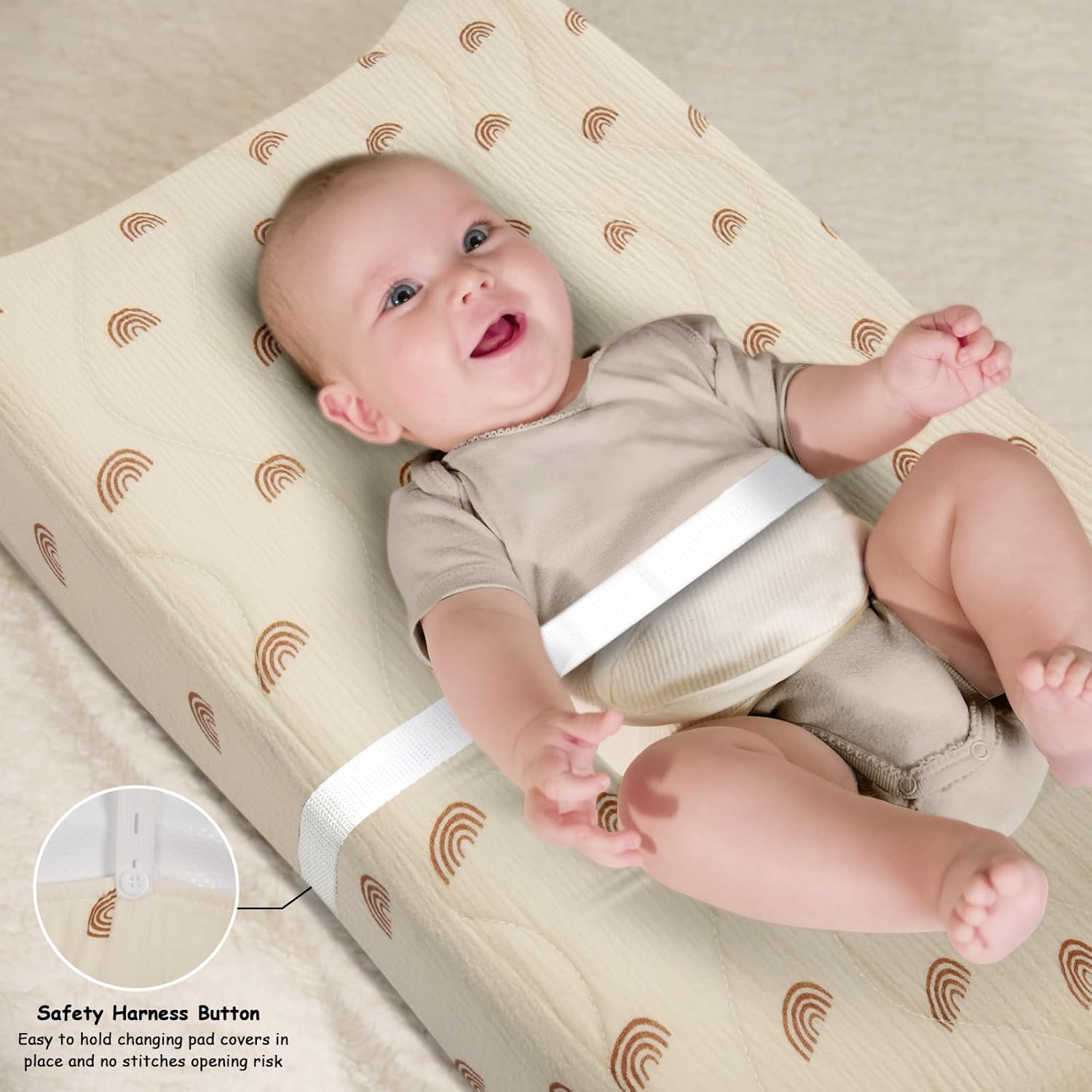 2 Pack Muslin Changing Pad Cover, Cotton Quilted Top Baby Changing Table Pad Covers, Soft Breathable Boho Changing Pad Sheets Fit for Standard Changing Pad 16" x 32" (Rainbow & Sand)