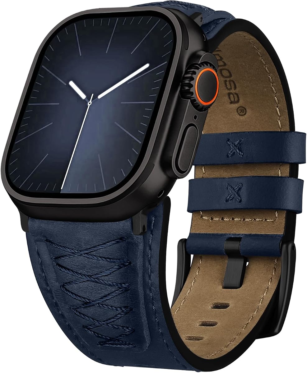 Band for Apple Watch 49/46/45/44/42/41/40/38mm | Fits iWatch Series 11 10 9 8 7 6 5 4 3 2 1 Ultra SE ,Top Grain Leather Replacement Strap for Men Classic Dark Blue&Black