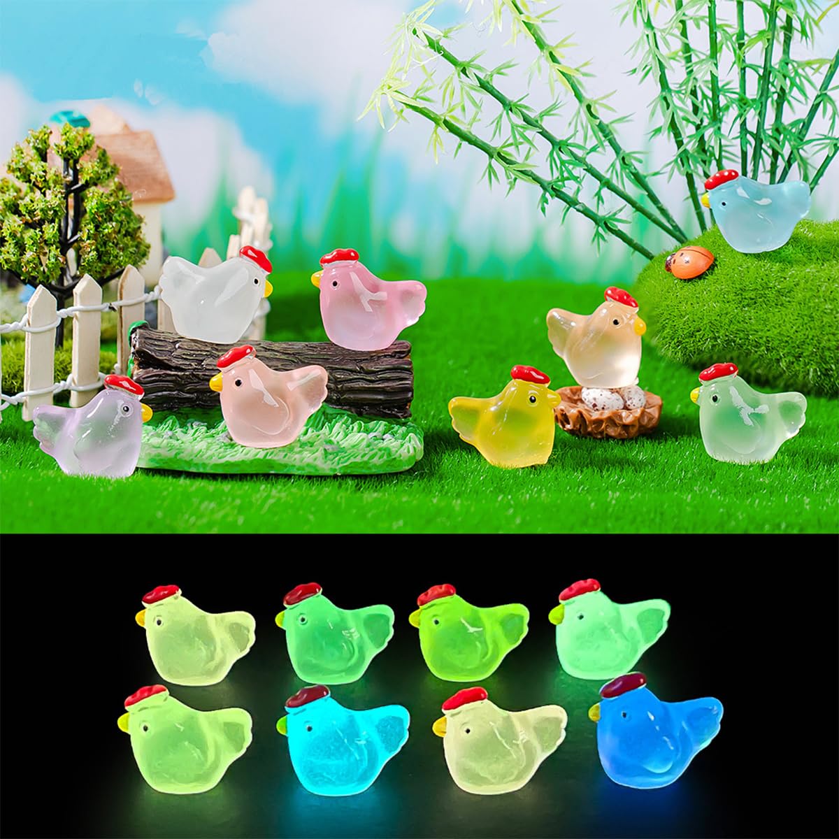 Mini Figurine Luminose Di Pollo Animali In Miniatura In Resina, Piccole Polli In Miniatura Che Si Illuminano Al Buio Per Casa Delle Bambole, Micro