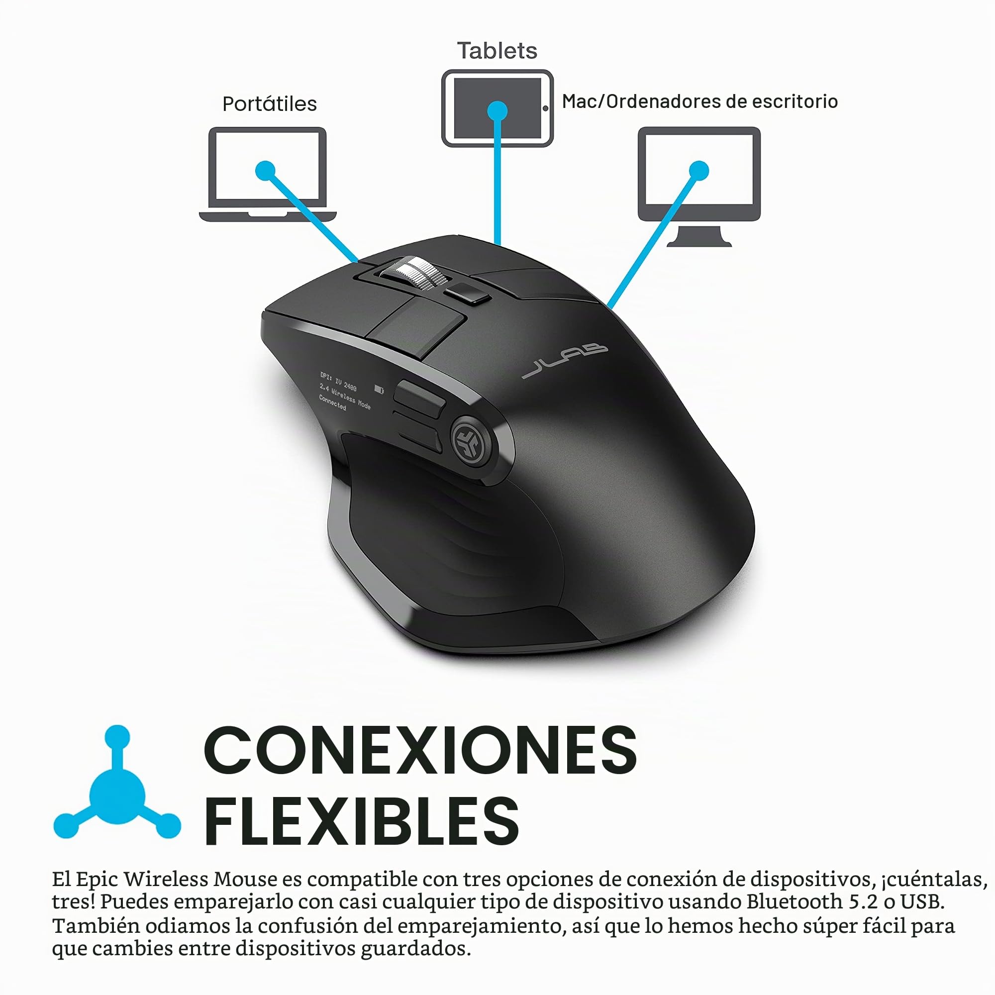 JLab Ratón Inalámbrico Epic - Bluetooth o USB, Ergonómico Recargable | Conexión Bluetooth o Receptor USB, Multidispositivo, Silencioso, Compatible con Ordenador/portátil/Tableta/PC/Windows/Mac