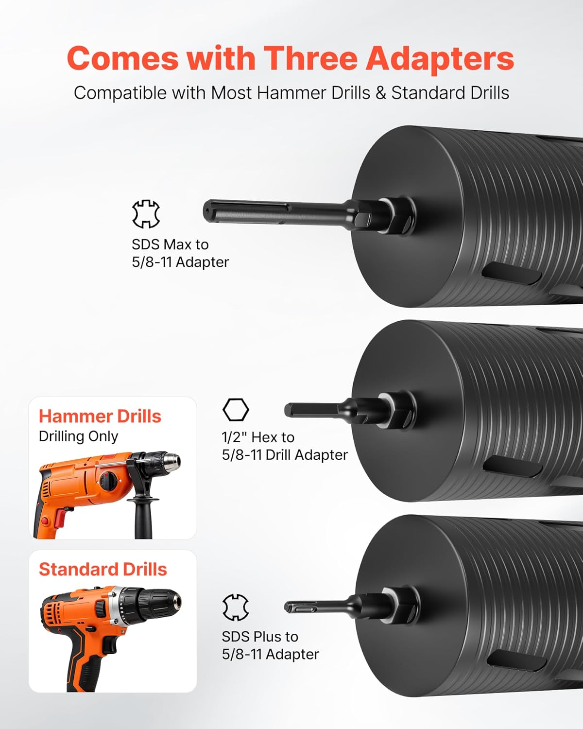 VEVOR Core Drill Bit, 6 inch Diameter, 9-1/2 inch Drilling Depth, 5/8-11 Internal Thread, Diamond Dry Coring Bit with 3 Adapters, Pilot Drill and Hex Wrench, for Concrete, Red Bricks, and Masonry