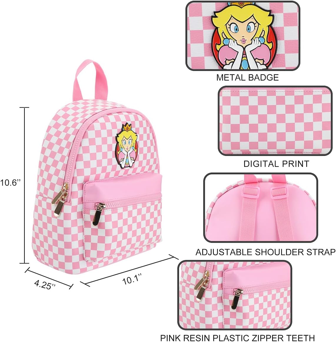 Bioworld Super Mario Bros Princess Peach 10.6" Pink & White Checkered Mini Backpack