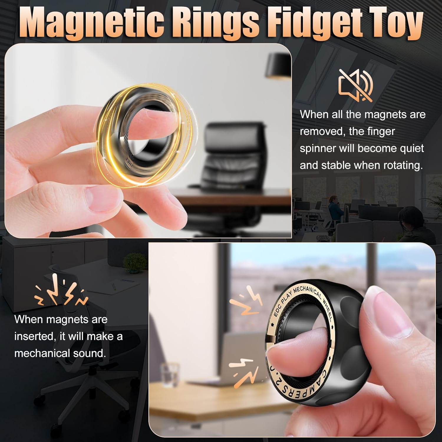 Fidget Spinner Ring for Stress Relief,Adjustable Magnetic Stainless Steel EDC Toy with Relaxing Sounds,ADHD Anxiety Relief,Ideal for Adults Teens Office Work & Unique Gifts