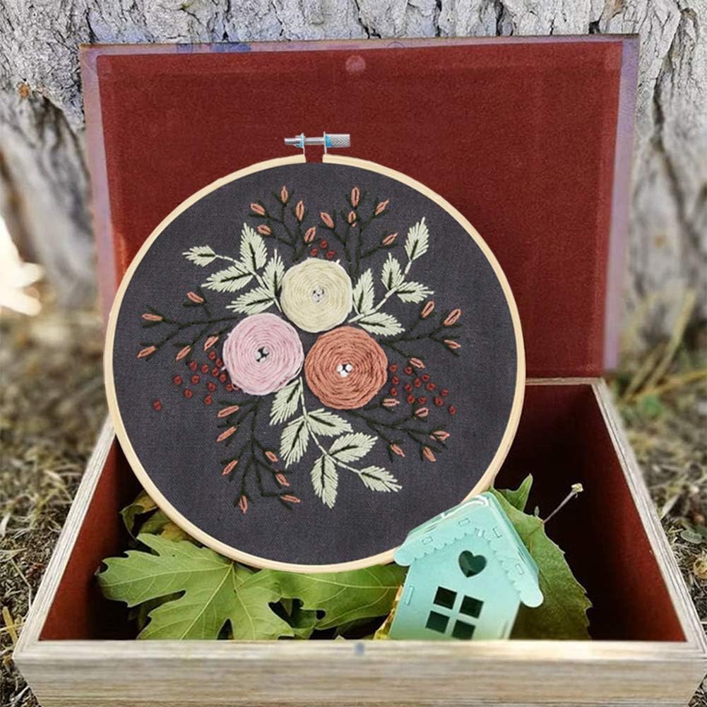 Best Cyber Monday 🔥 Full Range of Embroidery Starter Kit with Pattern, Kissbuty Cross Stitch Kit Including Stamped Embroidery Fabric with Floral Pattern, Bamboo Embroidery Hoop, Color Threads and Tools Kit (Pretty Roses)