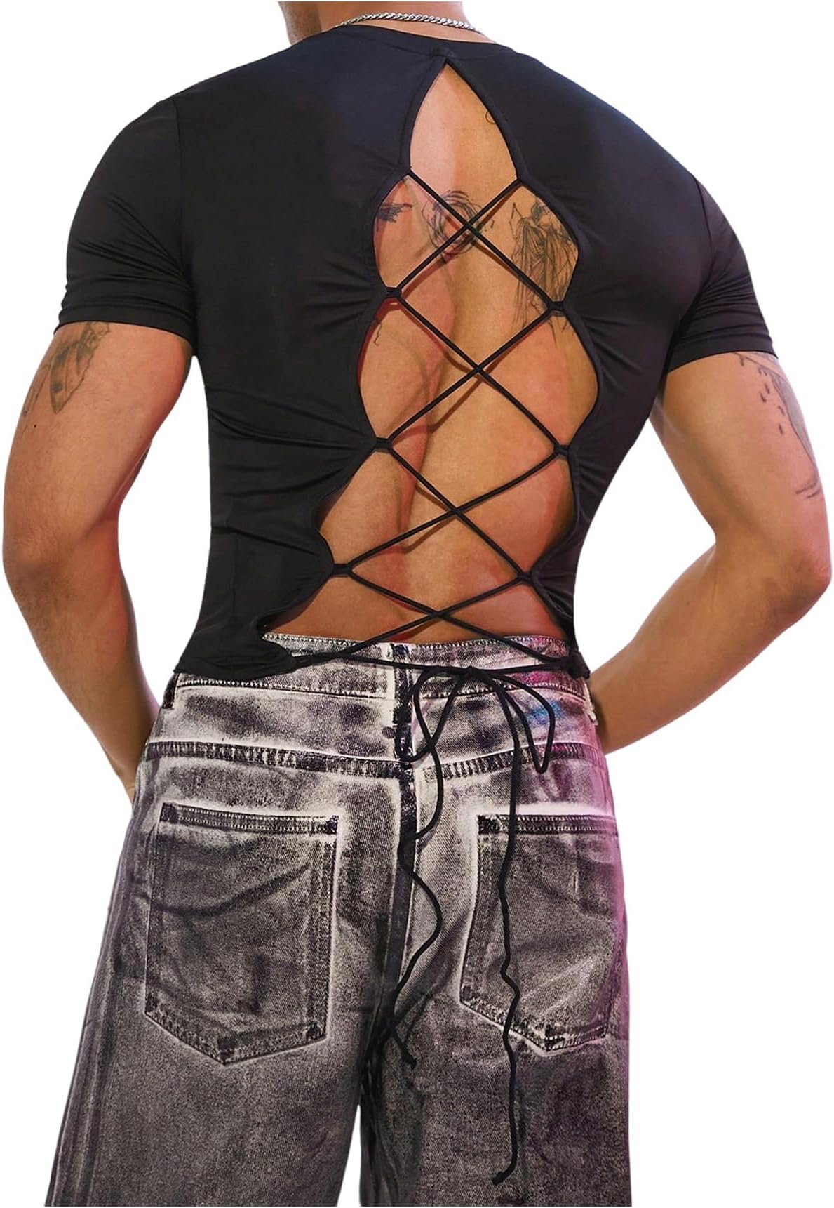 Men's Lace Up Backless Tshirt Criss Cross Open Back Short Sleeve Party Club Disco Shirt