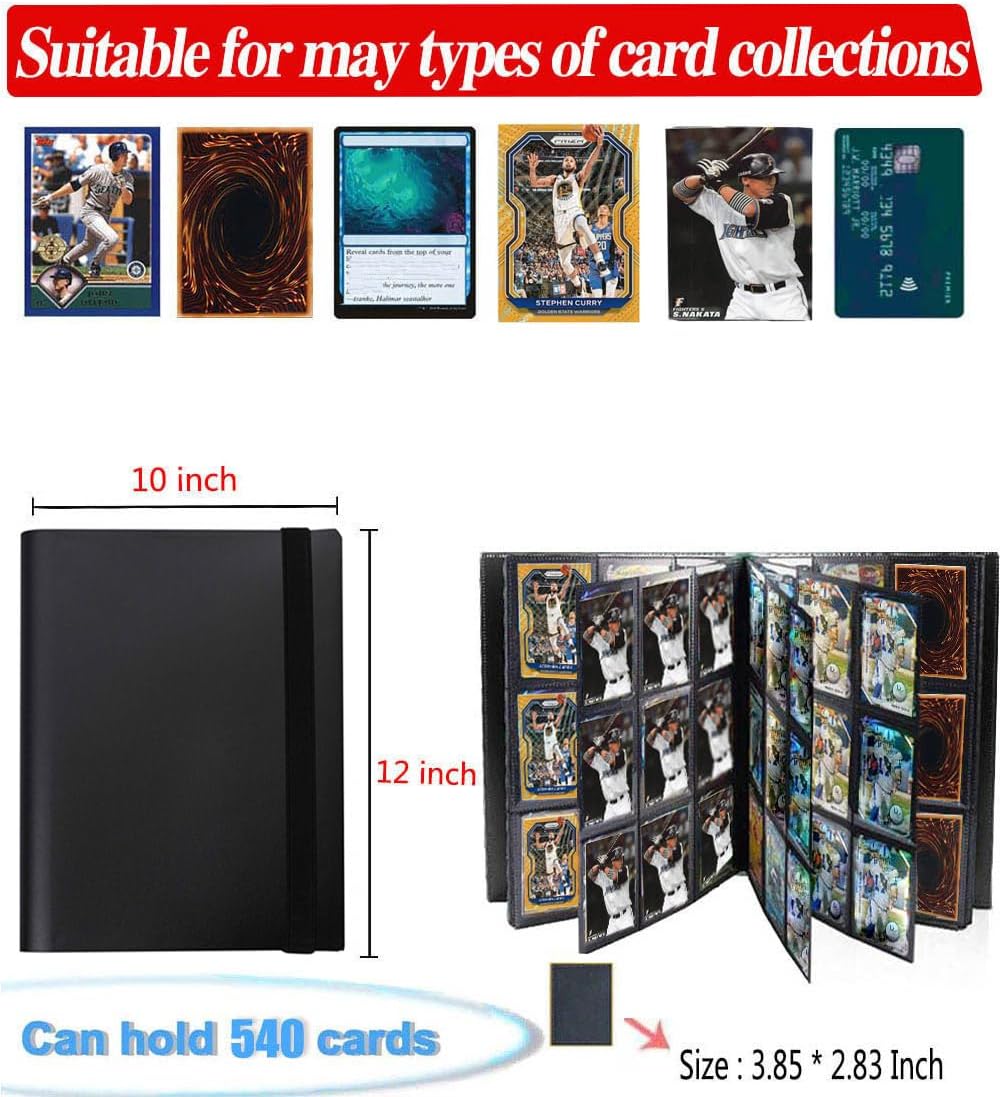 9 Pocket Trading Card Binder, Collection Card Album Sleeves for TCG, MTG, Yugioh, Trading card storage protection - 30 pages - Put up to 540 Cards (Black)
