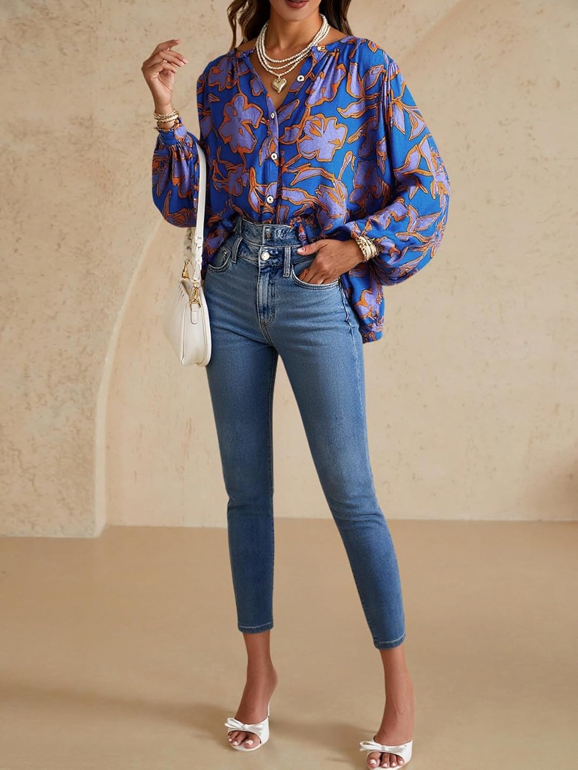 Women's Floral Button Down Shirts Lantern Long Sleeve Oversized Dressy Casual Blouses - Image 5