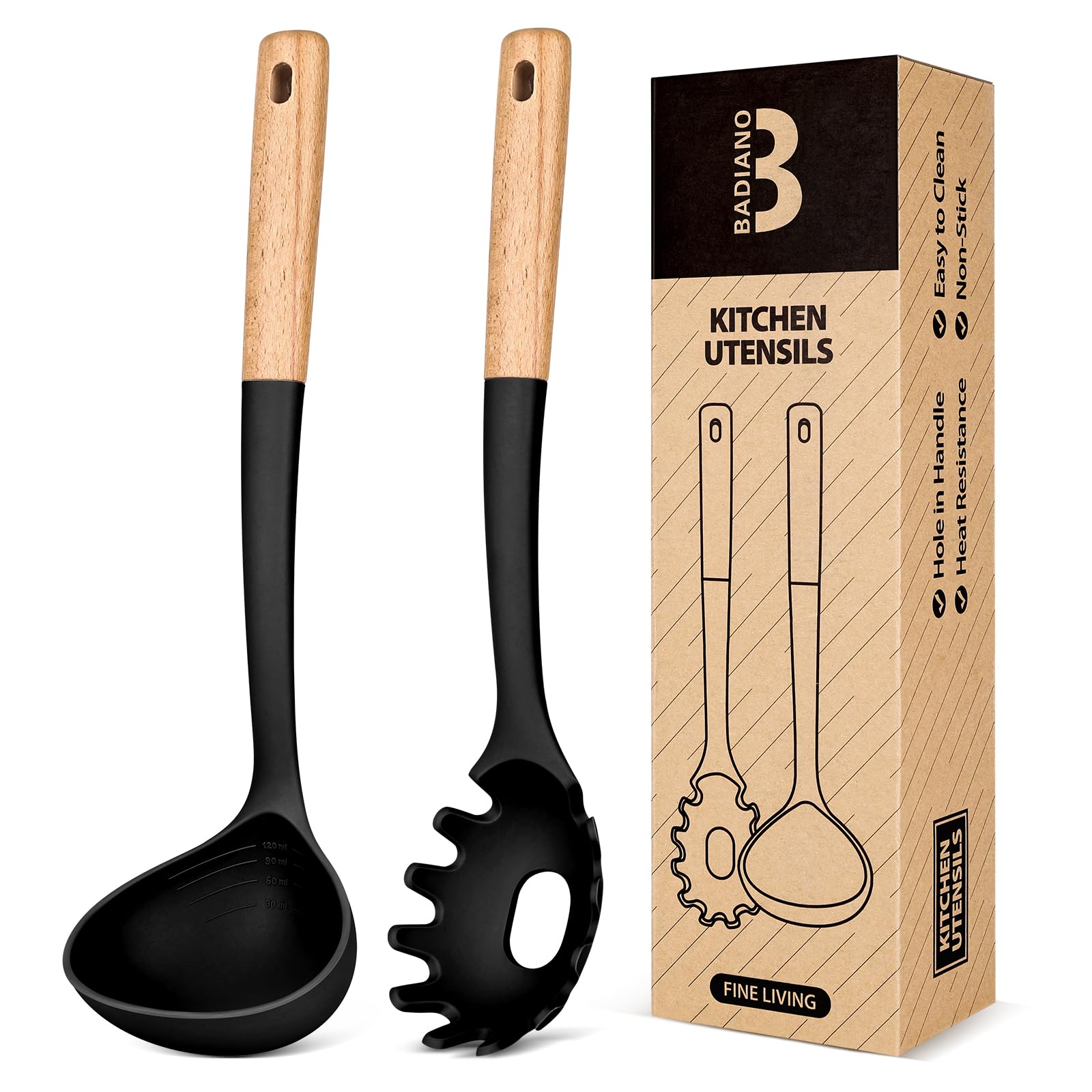 Pasta Fork and Ladle Set, Perfect for Serving Hot Soup, Stirring, and Sauce Pasta, BPA-Free Matte Silicone, Wood Handle Spaghetti Spoon for Nonstick Cooking Surfaces (Black)