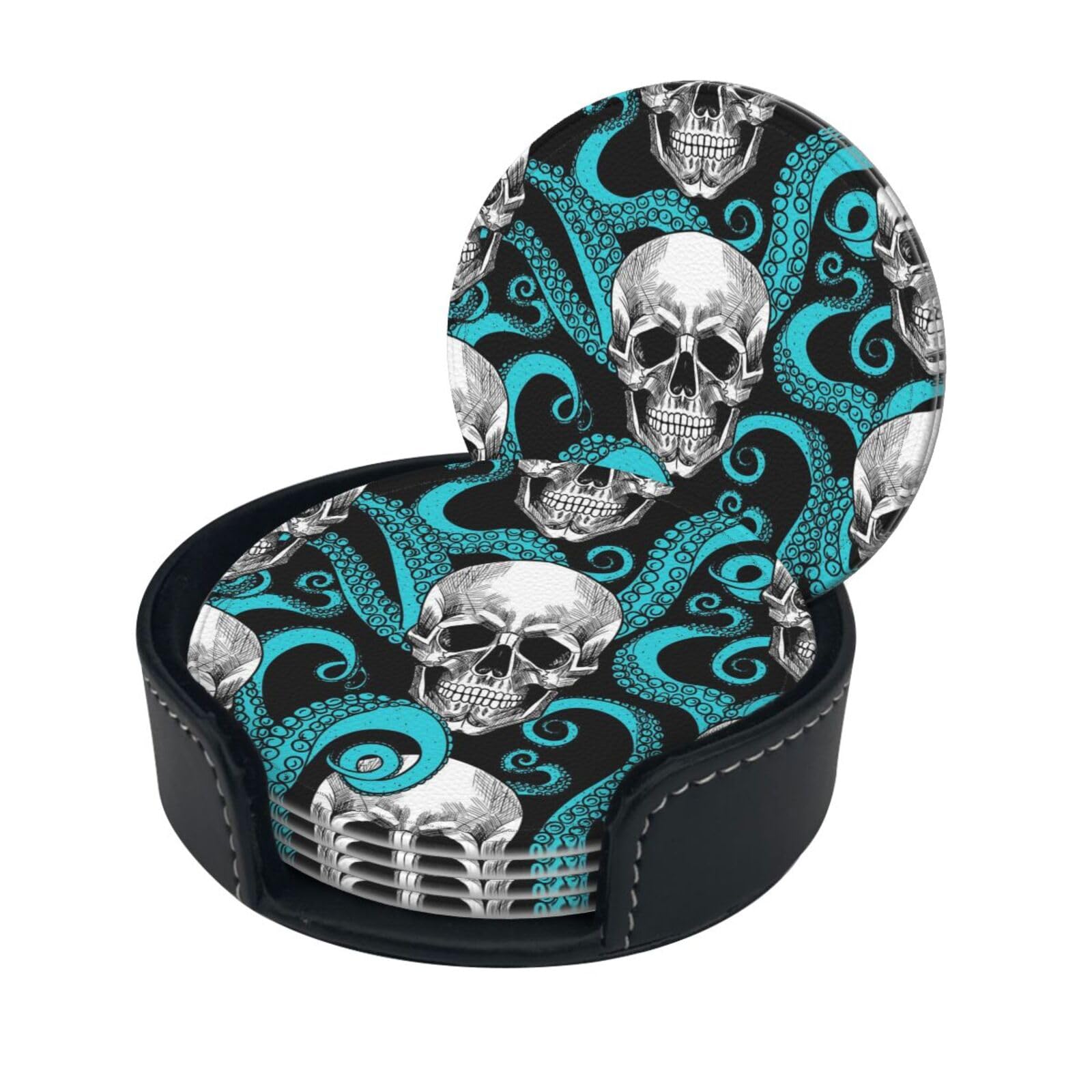 Blue Octopus And Skull Print Coasters For Drinks With Holder Set Of 6, Pu Leather Coasters Drink Coasters Cup Pad Mats