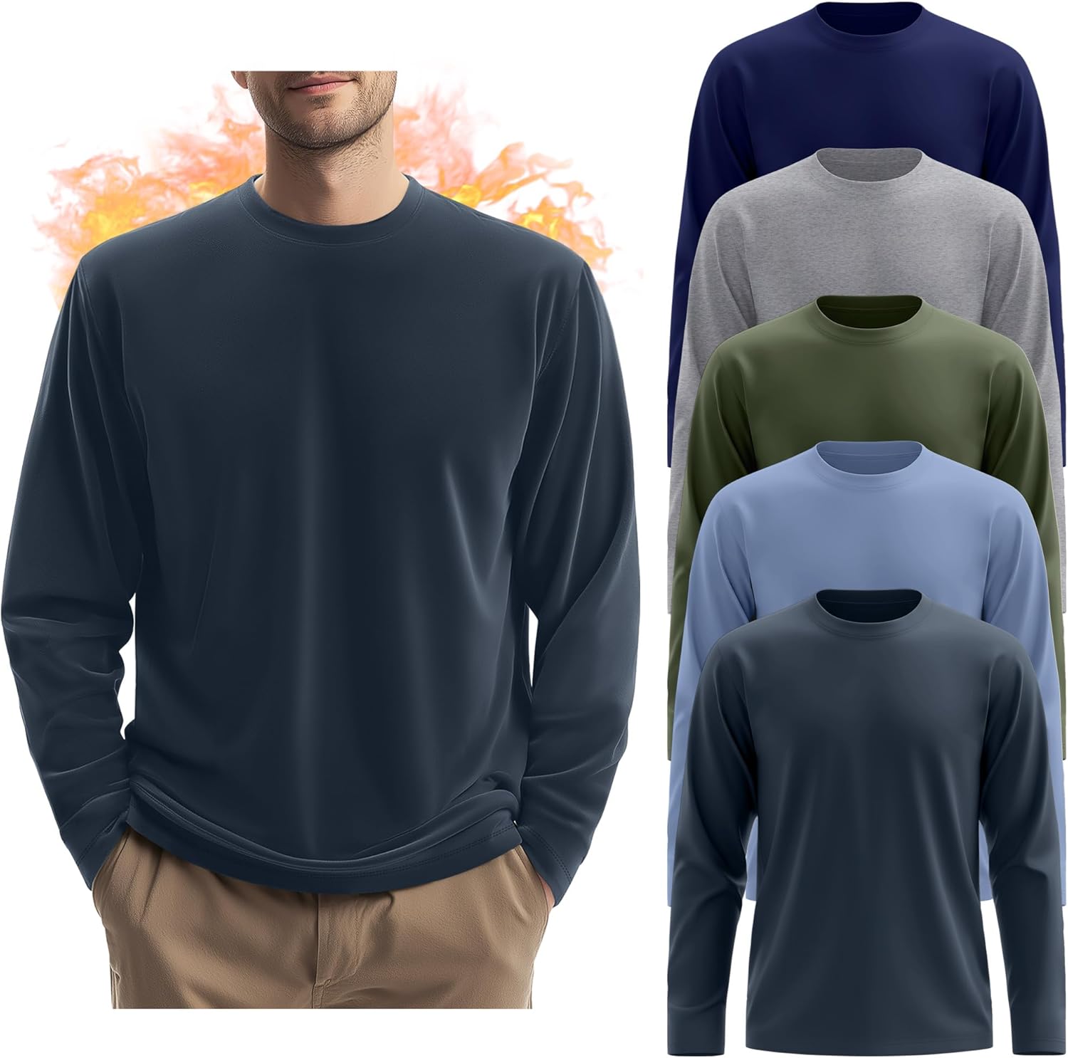 5 Pack Mens Big and Tall Thermal Shirts Fleece Lined Long Sleeve Loose Fit Tops Plus Size Undershirt Multipack