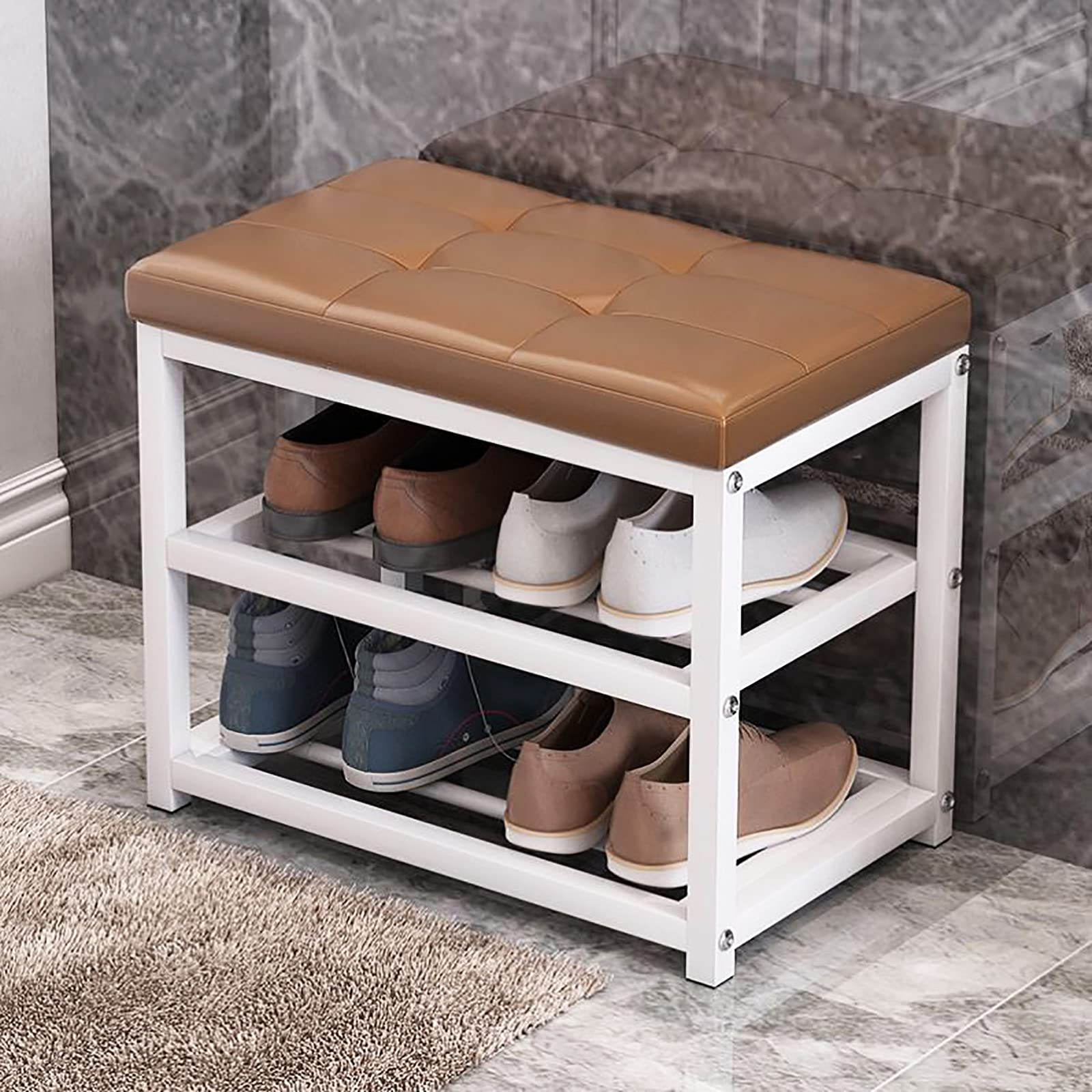 Élégant tabouret à langer en cuir et rangement d'entrée 3 niveaux