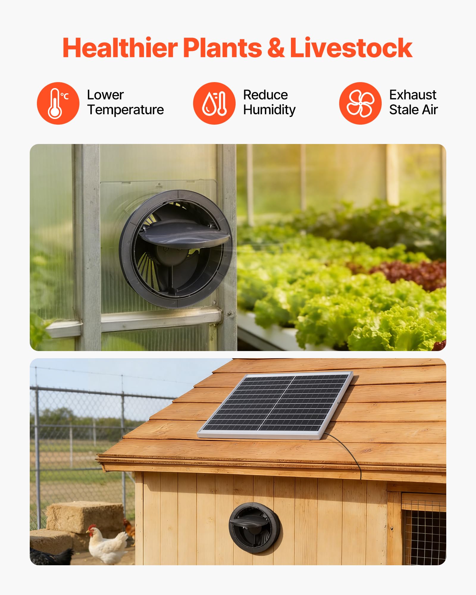 VEVOR Ventilateur Solaire avec Panneau Solaire 20 W et Batterie, Extracteur d'air, Débit d'air 374 m³/h, Angle Réglable, pour Serre, Tente de Culture, Poulailler et Abri, Boîtier en Alliage d'Alu