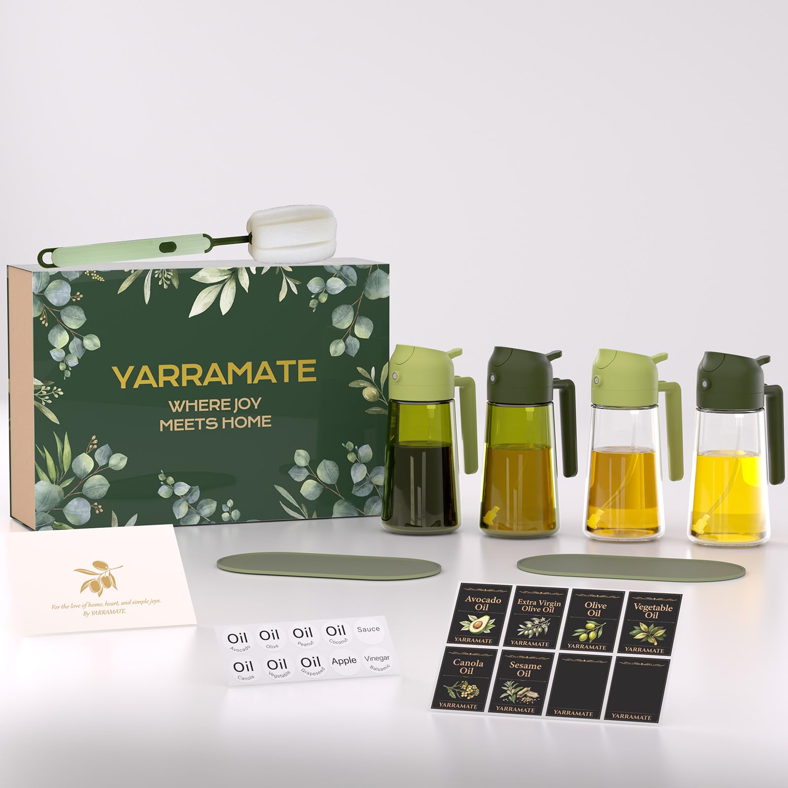 YARRAMATE 4er-Pack Olivenölzerstäuber zum Kochen, 16 oz Glas-Öldosierer-Set mit UV-geschütztem Dunkelglas, 2-in-1-Ölsprüher für Heißluftfritteuse, ästhetische Küchenhelfer & Geschenkset