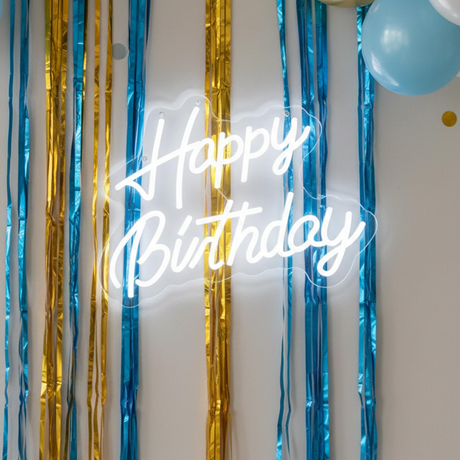 GENDLTHIJ Neon "Happy Birthday" do dekoracji ścian, ciepła biel LED, artystyczna dekoracja, neonowy znak świetlny na każdą imprezę urodzinową (biały)