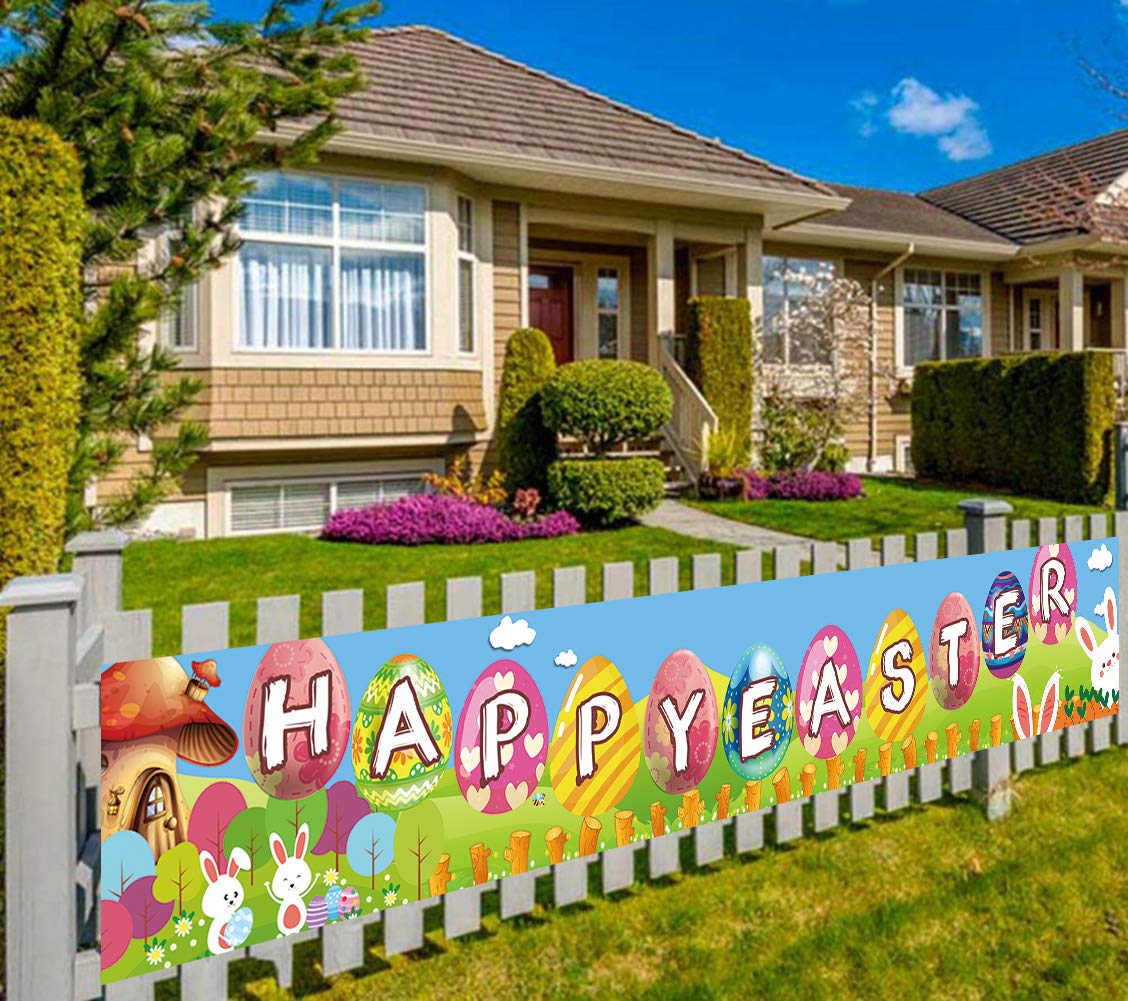 Large Happy Easter Sign Banner Rustic Easter Celebration Decorations Easter Spring Sign Banner Hanging Decoration Easter Party Supplies Decoration Backdrop Photo Props Indoor Outdoor (9.8 x 1.6 feet)