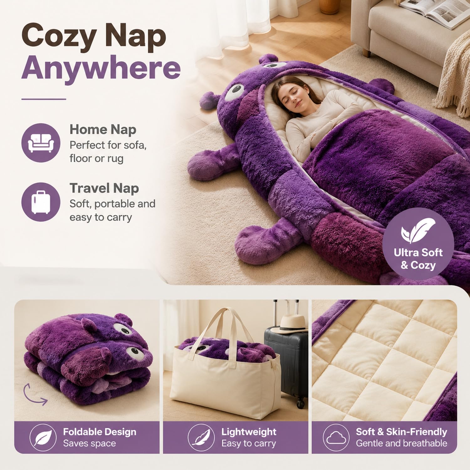 Caterpillar - Saco de dormir de felpa súper suave, forma de capullo de una pieza, plegable, portátil para casa, viajes, camping, bonito diseño de animales (90 pulgadas de longitud)