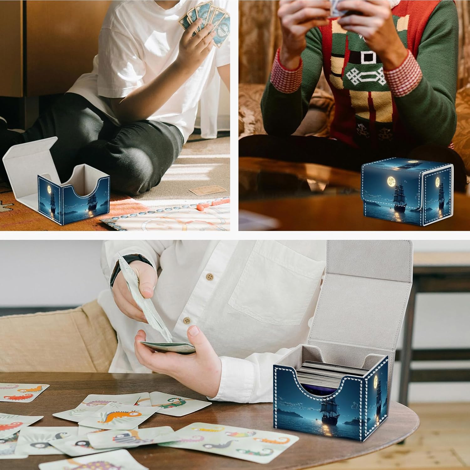 for MTG Playmat with Card Game Storage Box, Creative Pattern for MTG Card Box for TCG Playmat for Trading Card Game, Moon Ship Blue Sea