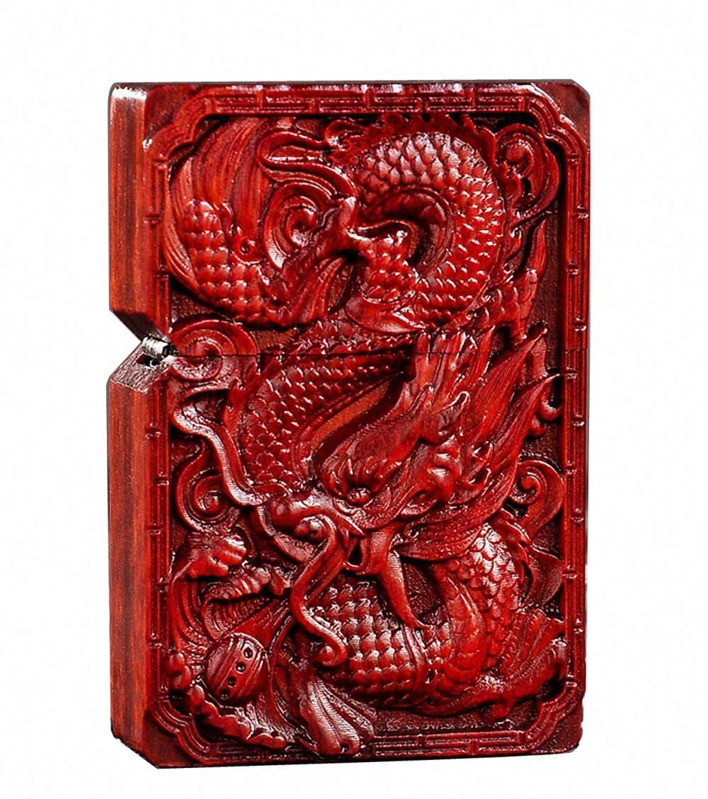 MEIDAI Natural Red Sandalwood Rosewood Lighter Case, Dragon & Phoenix, Compatible with Zippo and Zorro