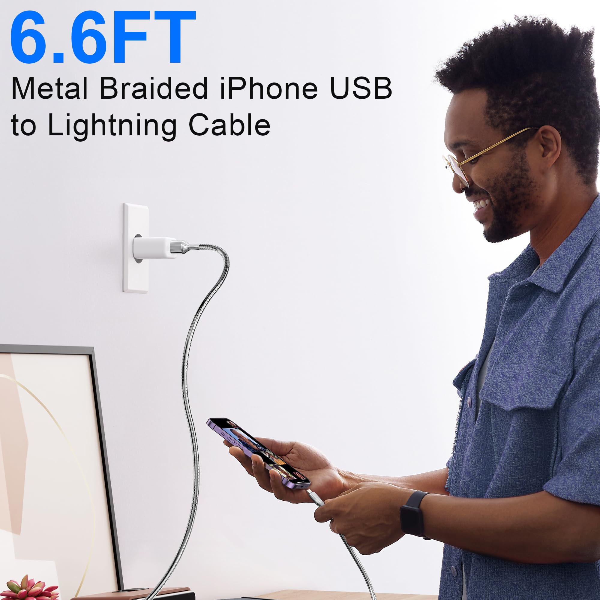 Cable de carga para iPhone a prueba de masticación, cable USB a Lightning certificado MFi, cable de carga trenzado de metal plateado para iPhone con carga rápida de 3 A, compatible con iPhone 14/13/12