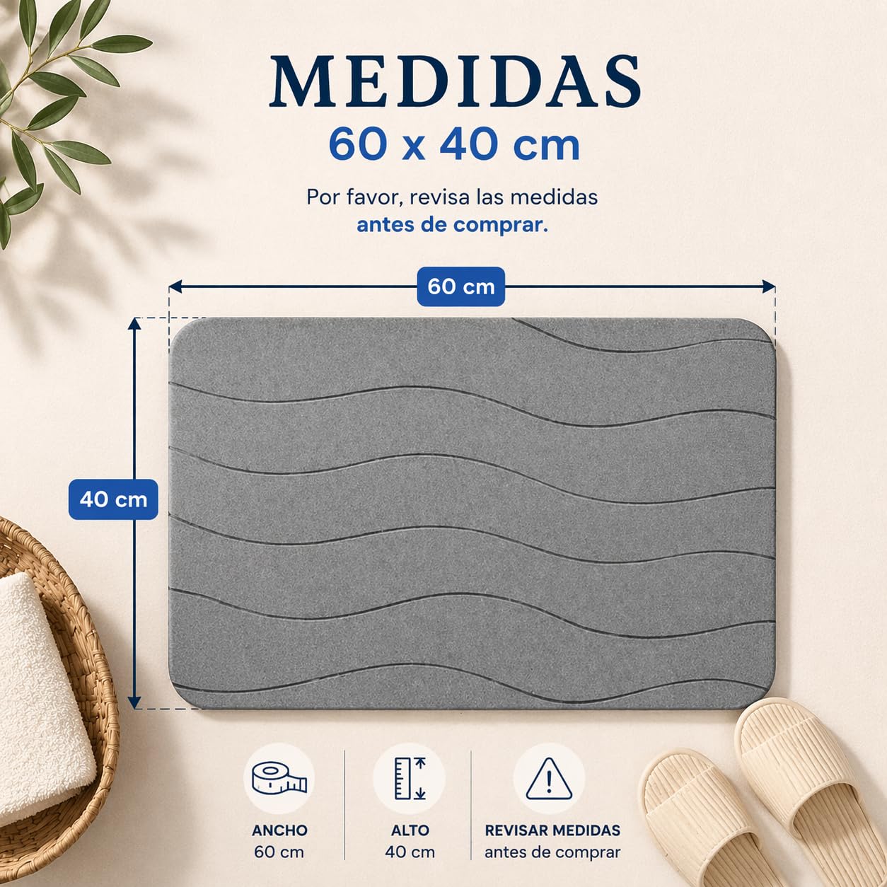 Alfombra de Baño de Diatomita 60x40 – Alfombrilla Diatomita Absorbente y Secado Rápido, Alfombra Baño Antideslizante, Piedra Natural Antimoho para Ducha, Alfombrilla de Ducha de Piedra